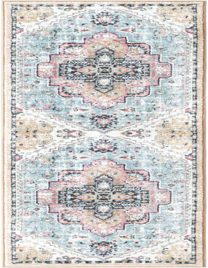 A 6 ft runner rug with a distressed traditional pattern in seaglass blue, rose, and cream, perfect for a hallway.