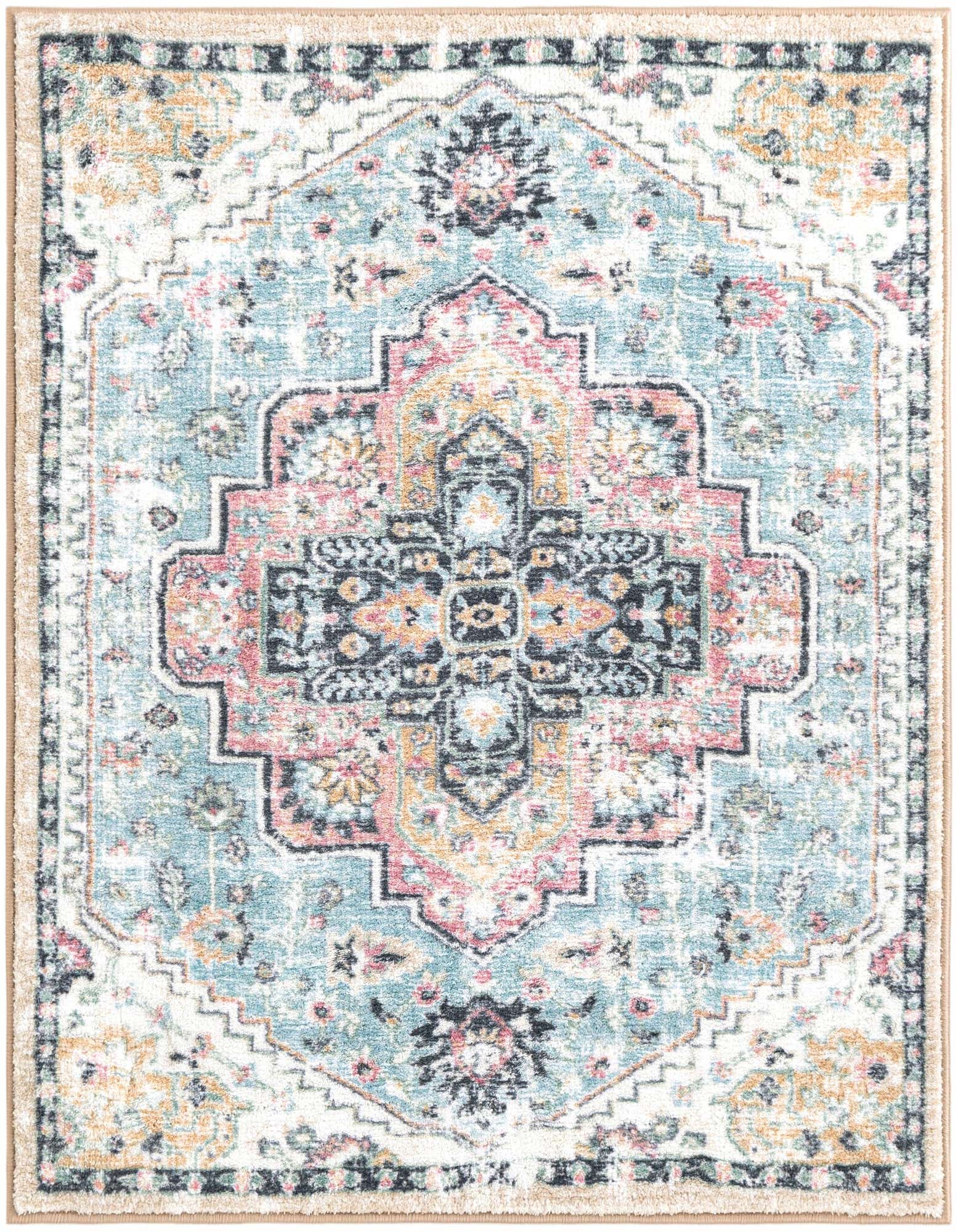 A square Medina rug, 3' 3 x 3' 3, featuring a distressed traditional medallion pattern in seaglass blue, rose, and black on a light background, with a beige border.