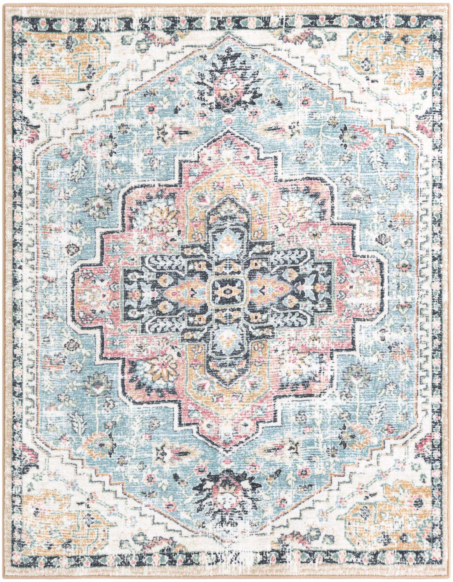 A 5'3" x 5'3" square Medina rug featuring a distressed traditional pattern in seaglass blue, rose, and cream.