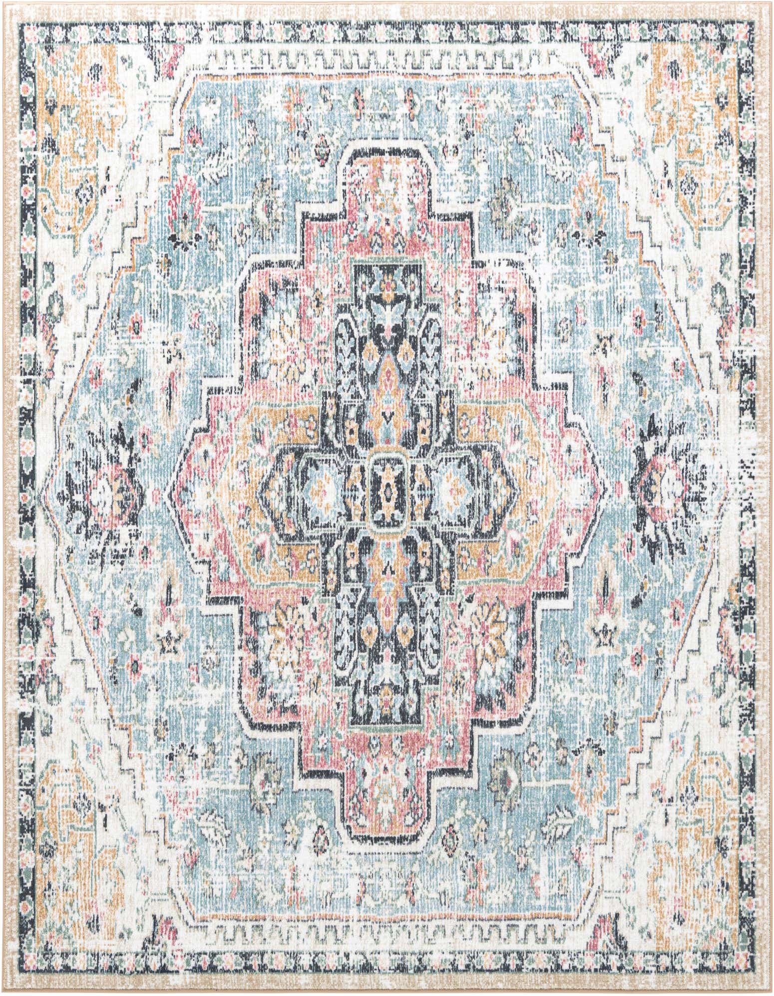 A square Medina rug featuring a distressed traditional pattern in seaglass blue, rose, black, and cream, ideal for a patio.