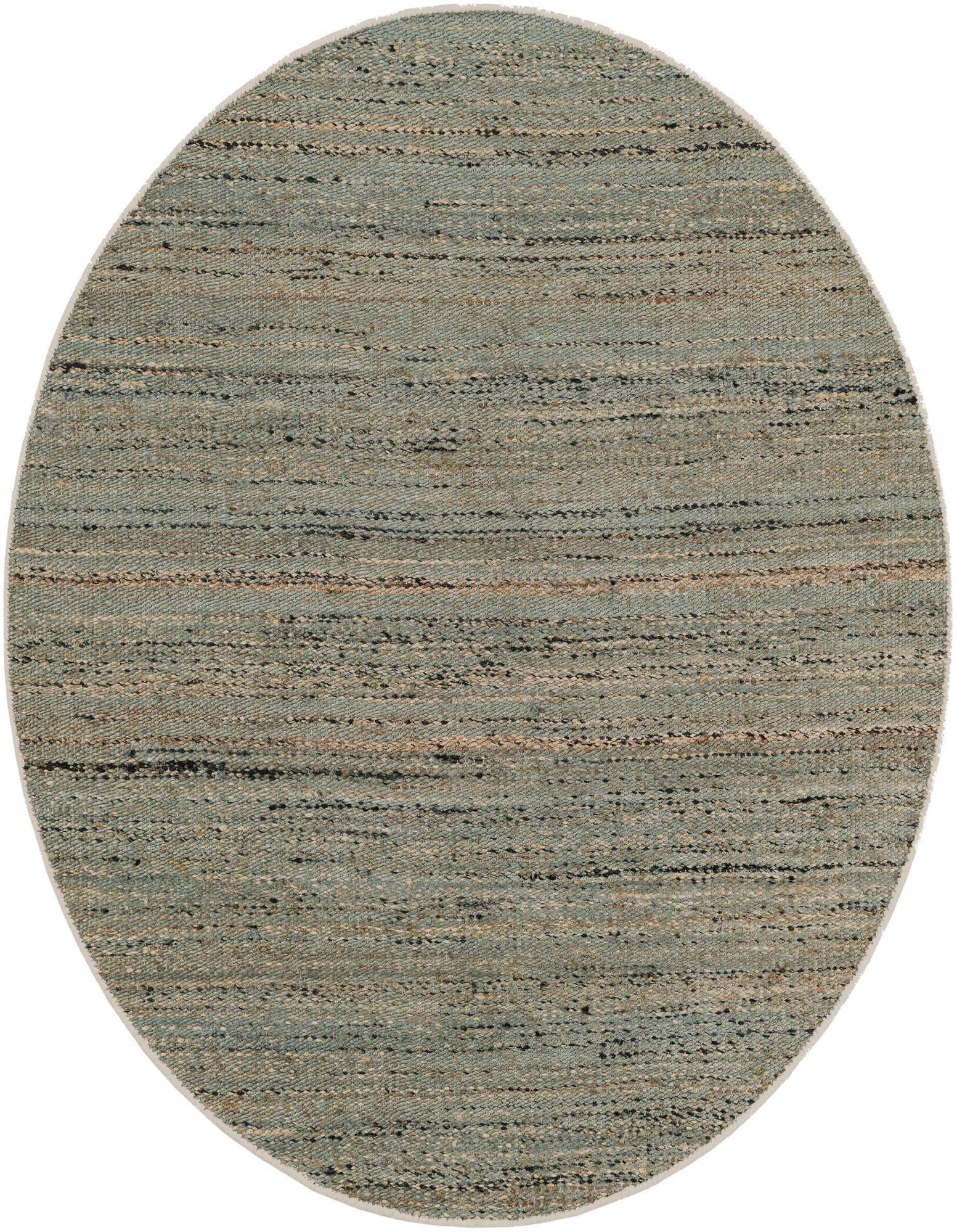 A 5' 3 round blue and ivory jute and wool rug with a rustic, textured flatweave.