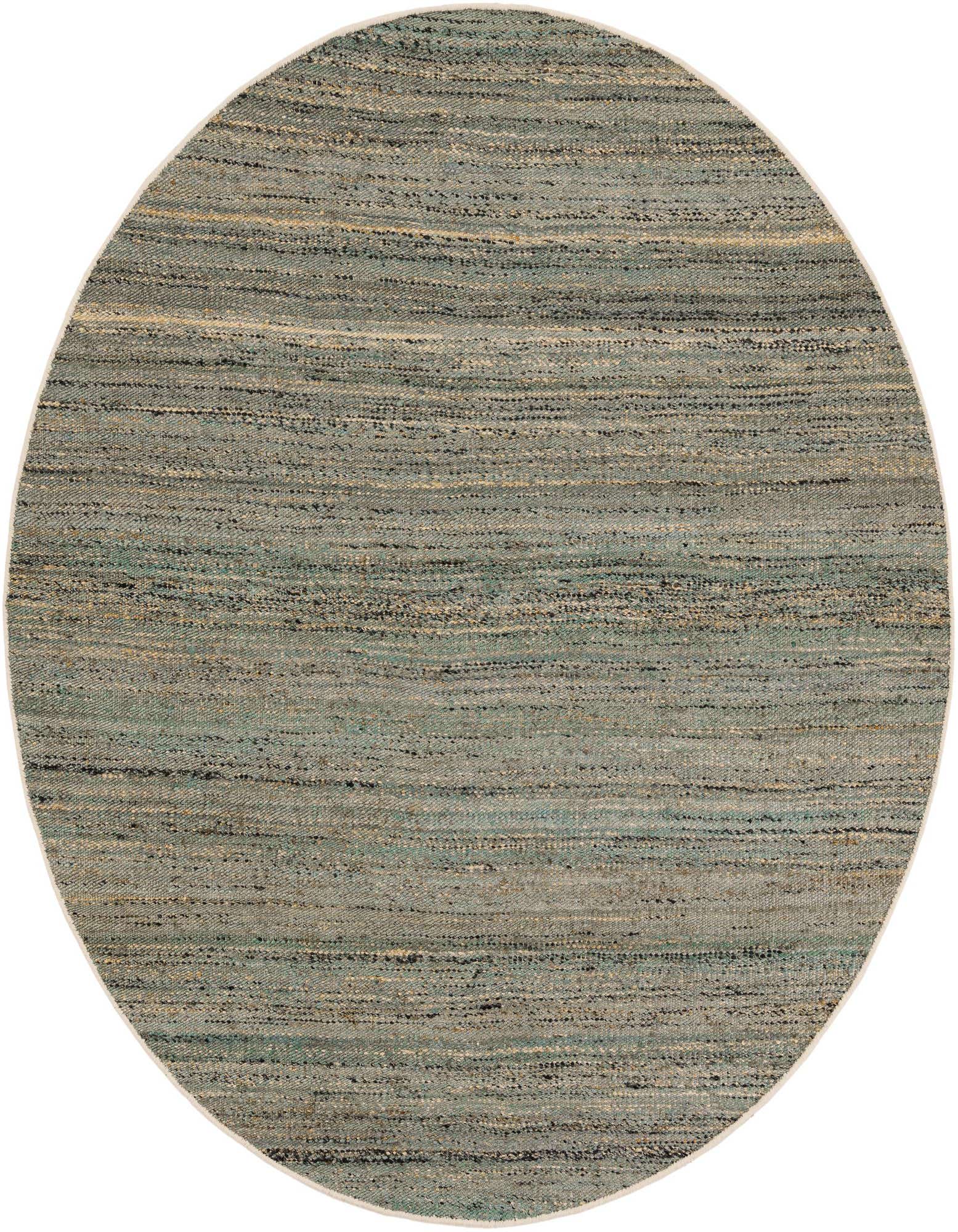 A round, 7' 10 x 7' 10, blue and ivory jute rug with a textured, rustic flatweave.