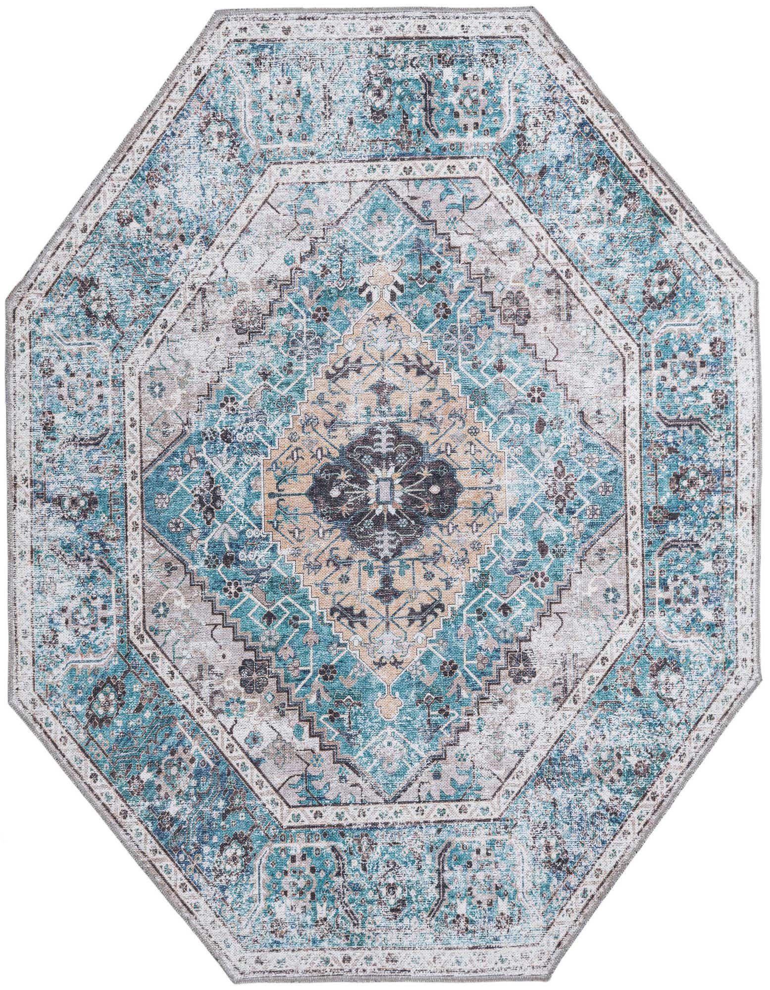 A 5' 0 x 5' 0 octagon rug featuring a distressed tribal medallion pattern in blues, greens, and beige.