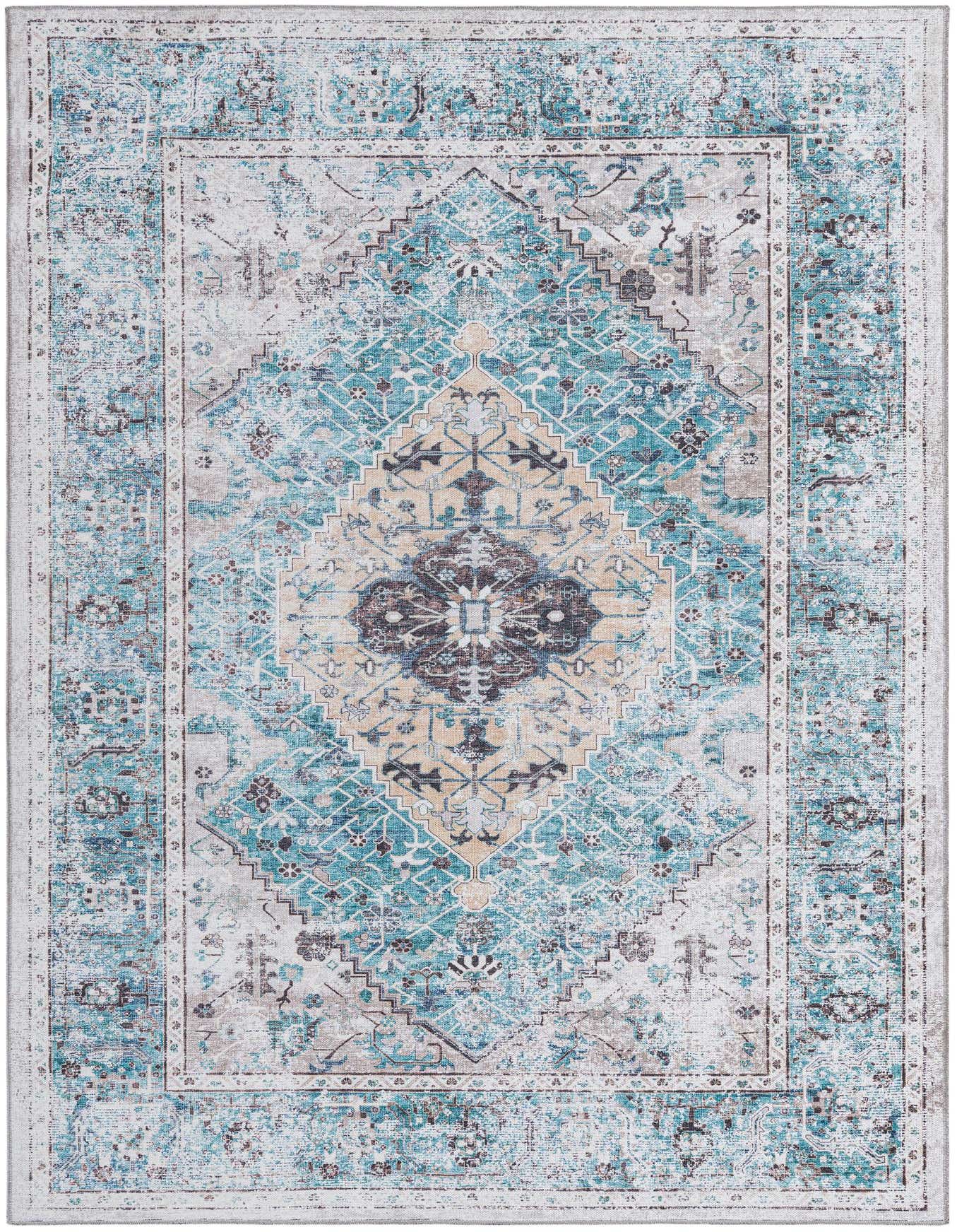 A 6x9 rectangular Yara rug featuring a distressed tribal medallion pattern in shades of blue, green, and beige.