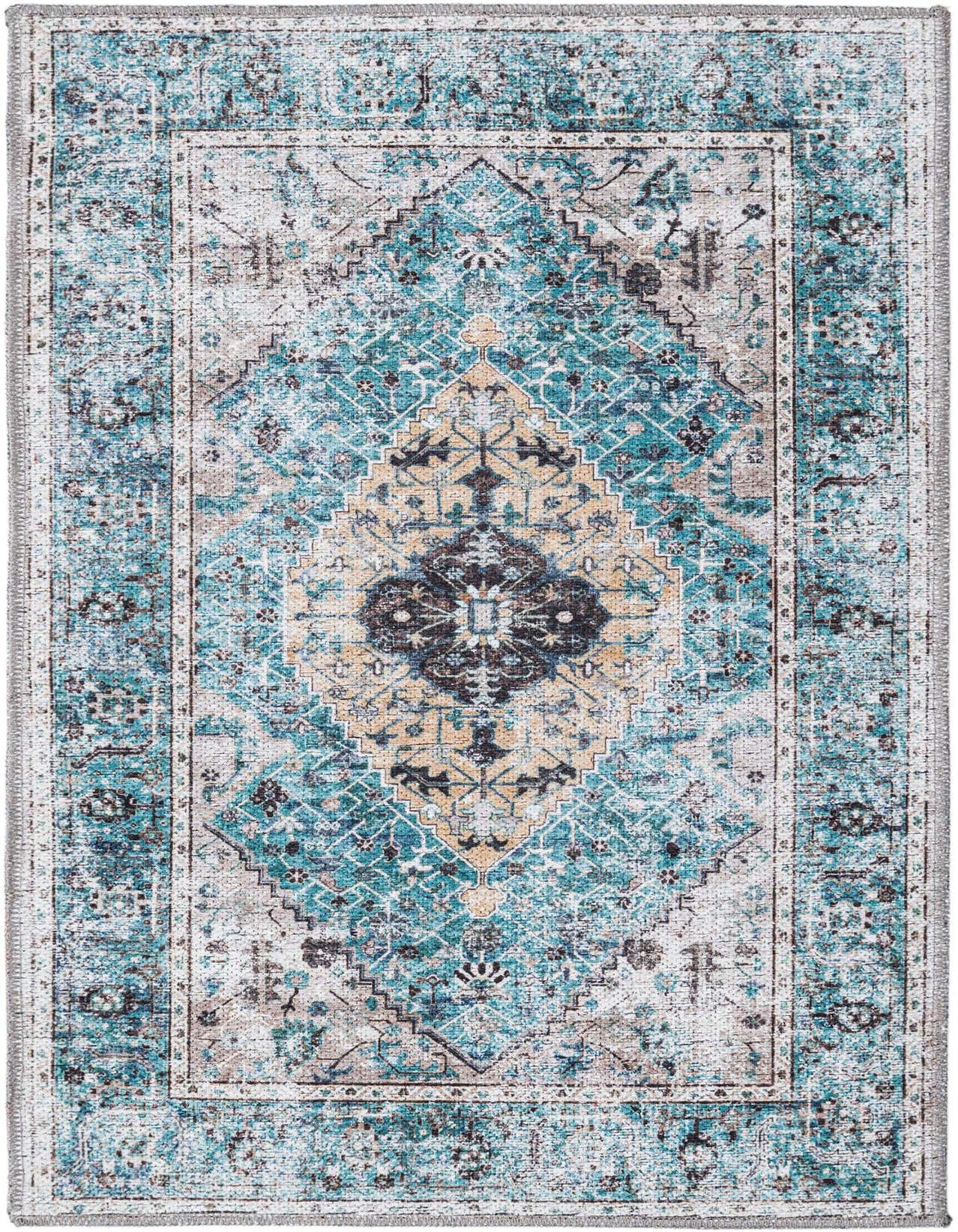 A 2x3 rectangular Rugs.com Yara rug featuring a distressed blue, green, and beige tribal medallion pattern.