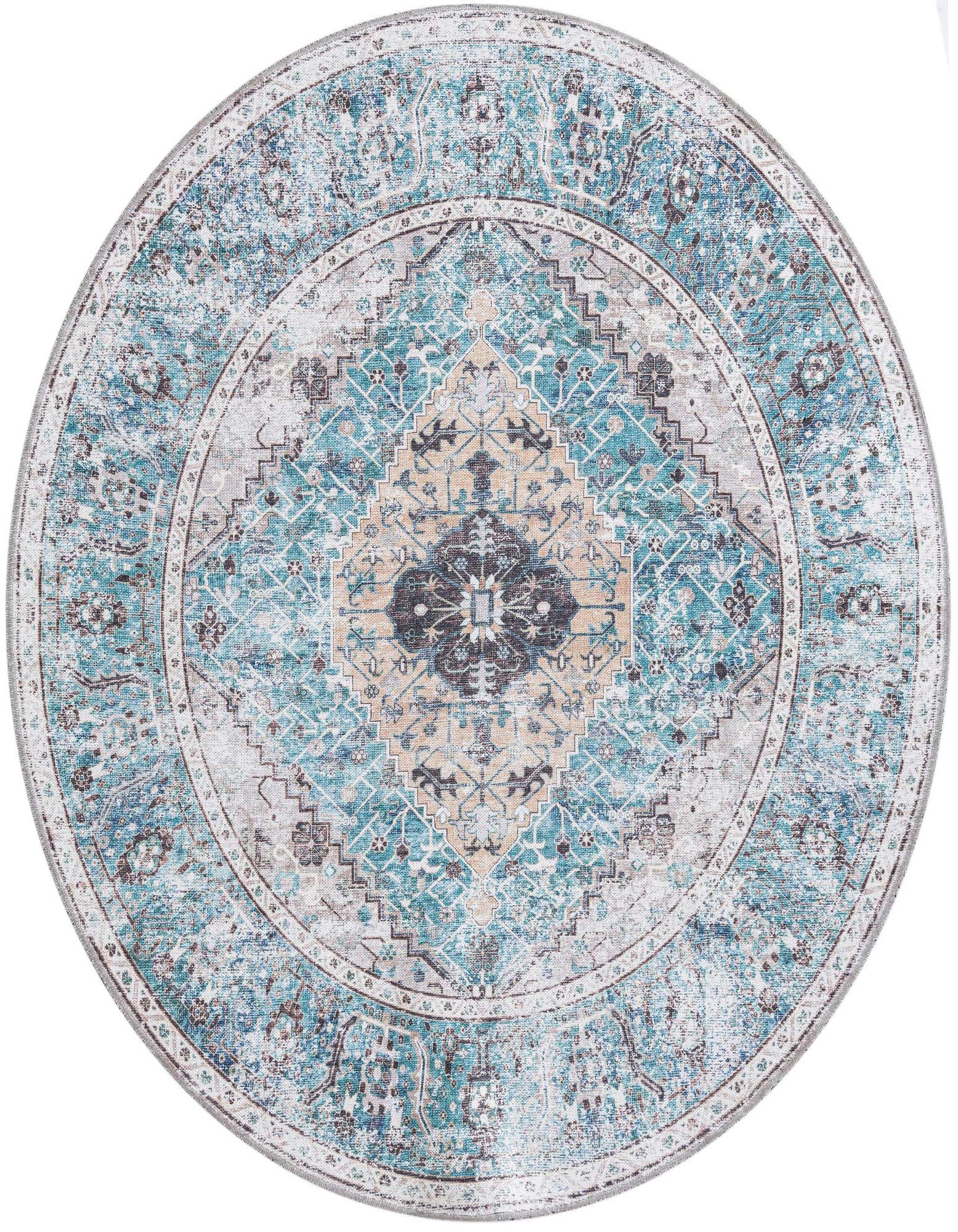 A 6' round Rugs.com Yara rug featuring a distressed blue, green, and beige tribal medallion pattern.