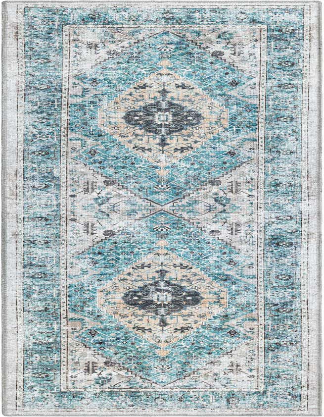 A 6 ft runner rug with a distressed tribal medallion pattern in shades of blue, green, and cream, suitable for a hallway or kitchen.