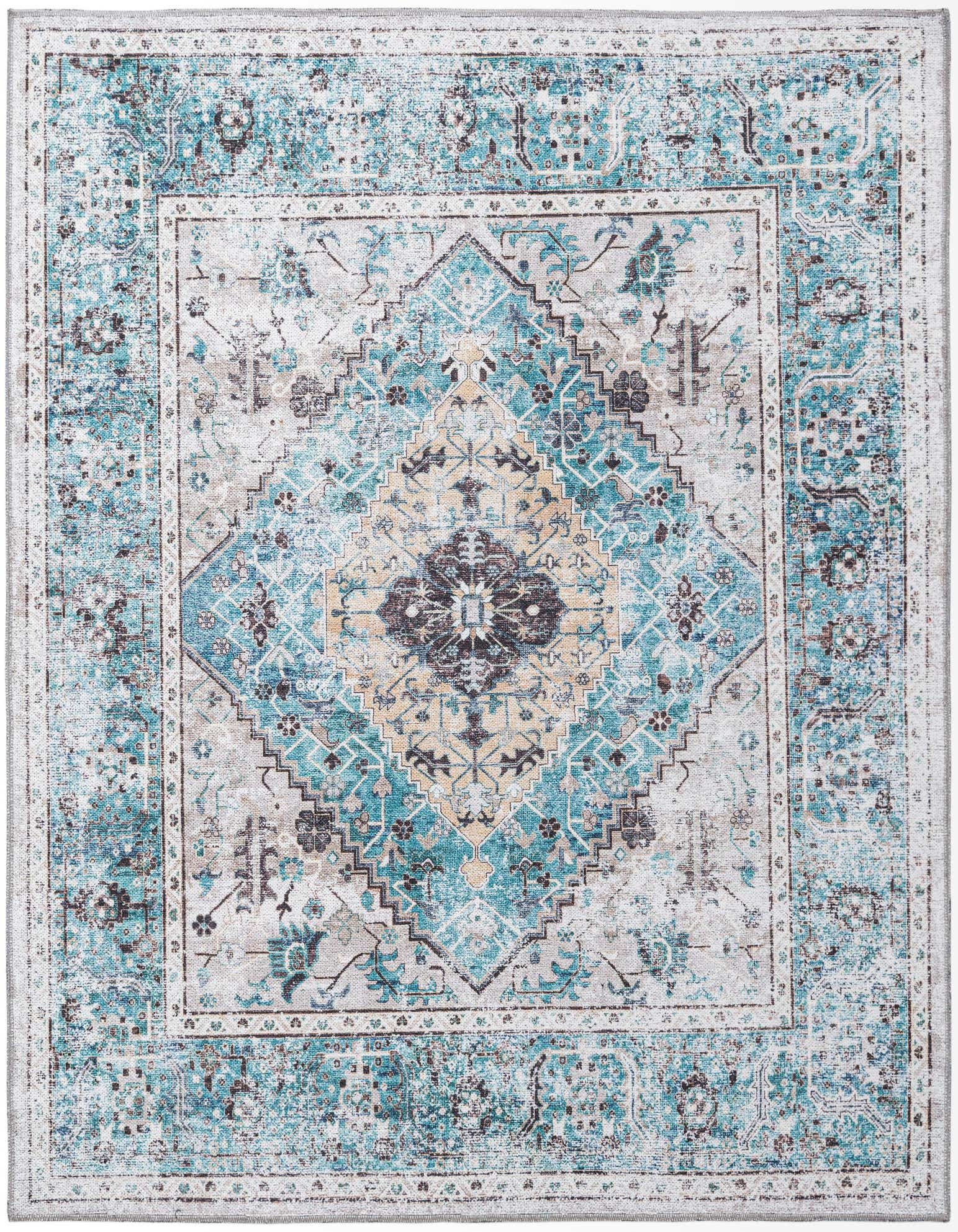 A 5'x5' square Rugs.com Yara rug featuring a distressed tribal medallion pattern in blues, greens, and cream.