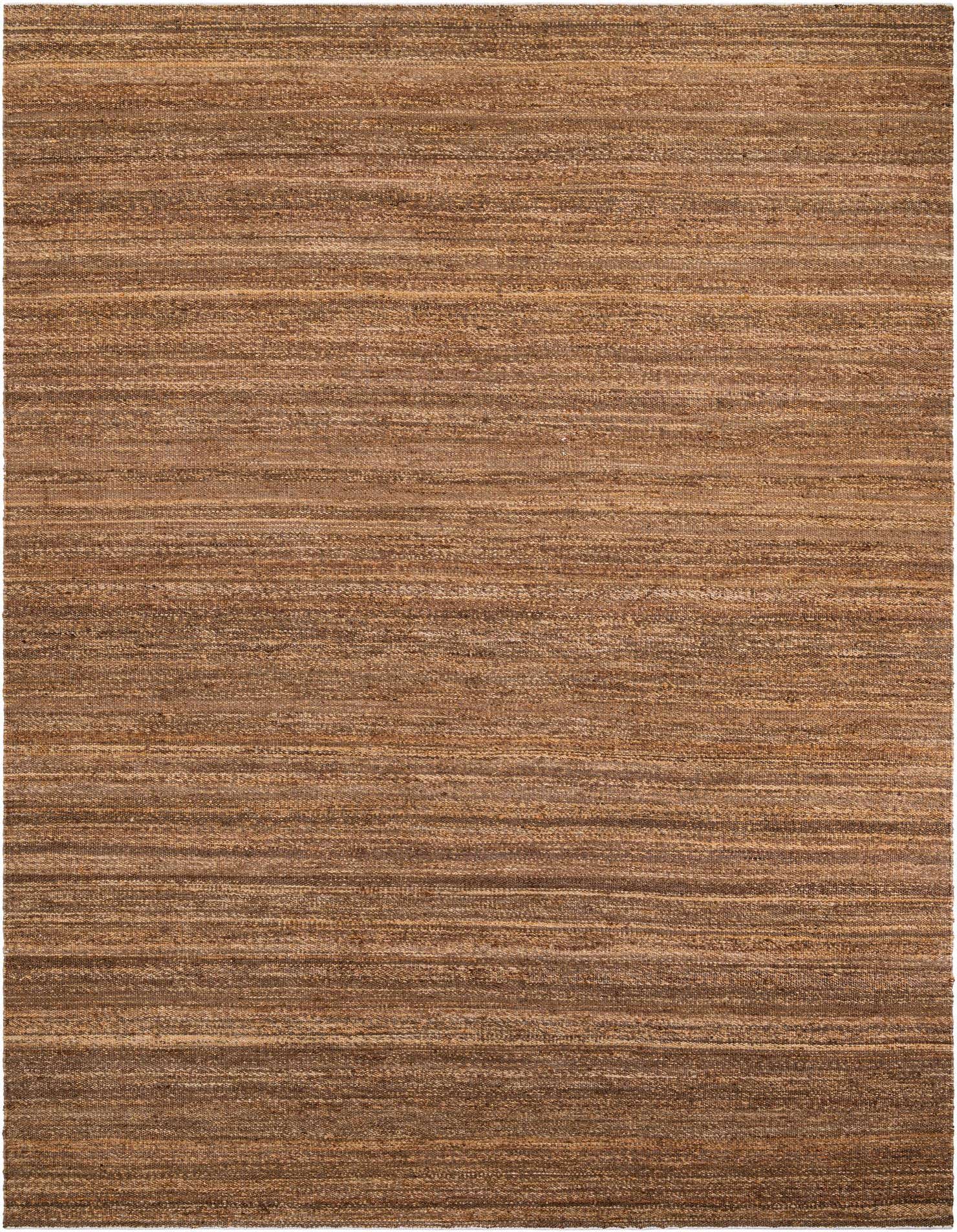 A 10x14 rectangular brown and tan jute area rug with a textured, flatweave surface, ideal for a living room.