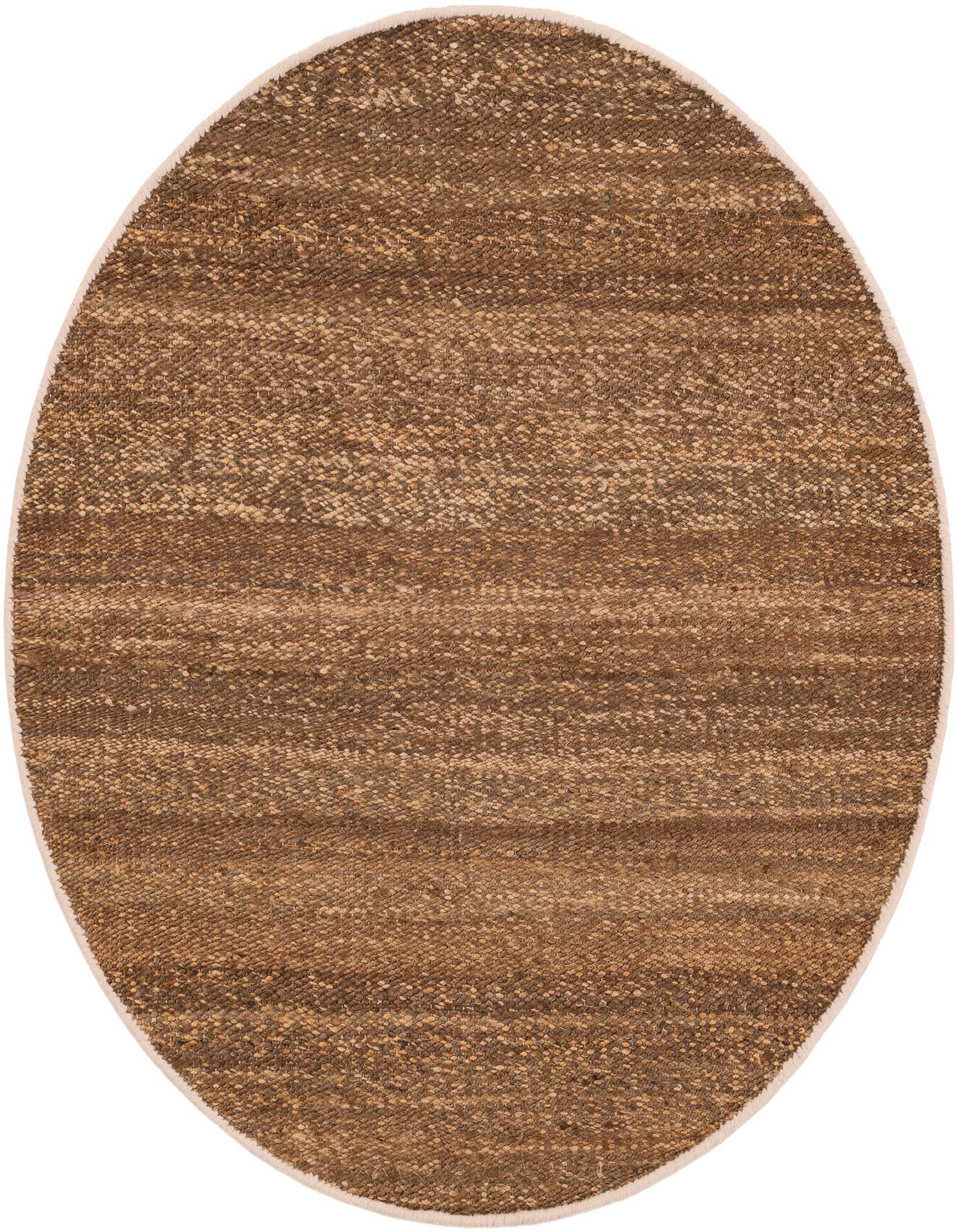 A 4' 1 round Rugs.com Palm Beach Jute rug in varying shades of brown with a textured, flatweave surface.