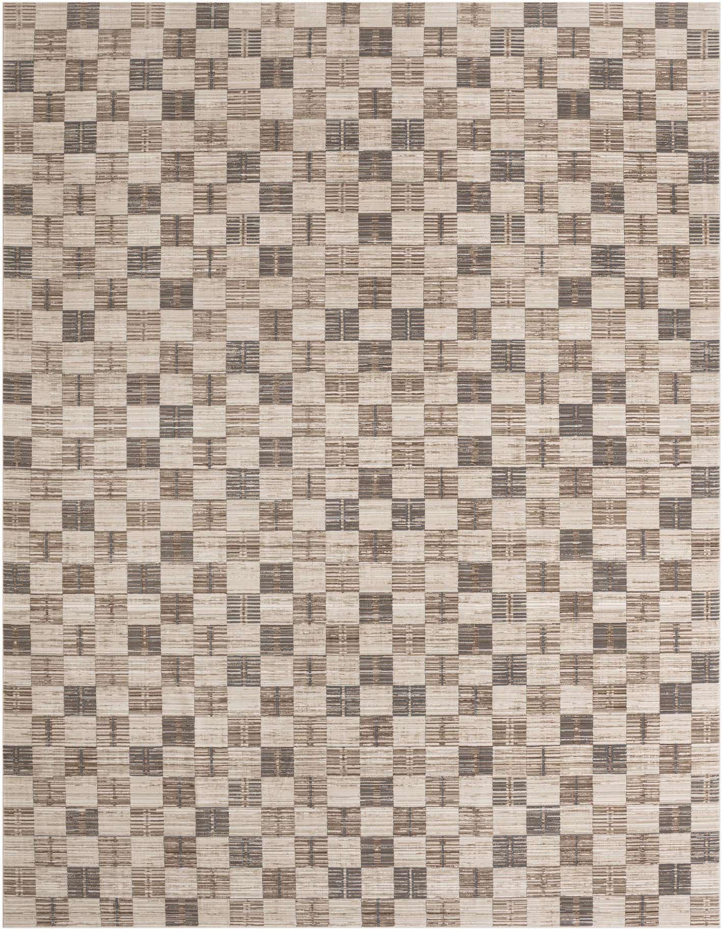 A 10x14 rectangular Rugs.com Silta rug featuring a checkered pattern in varying shades of brown, tan, and white, suitable for an indoor patio.