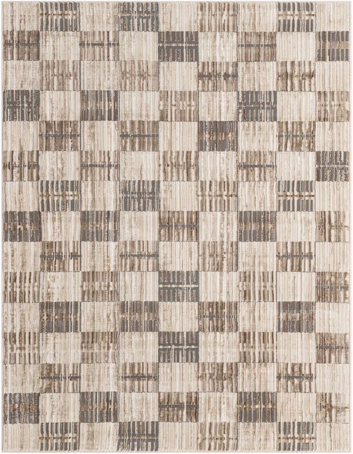 A 3x5 rectangular modern area rug featuring a checkerboard pattern of alternating tan and brown textured squares.