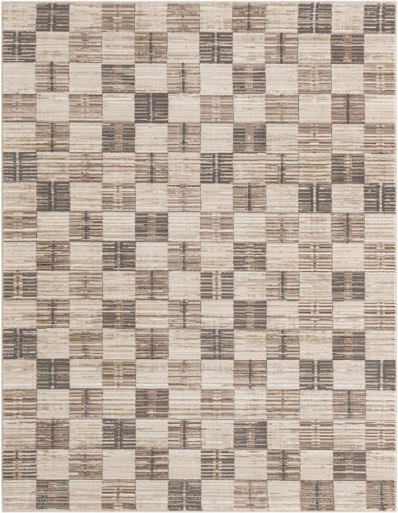 A 4x6 rectangular indoor rug featuring a modern checkered pattern in varying shades of brown, tan, and white.