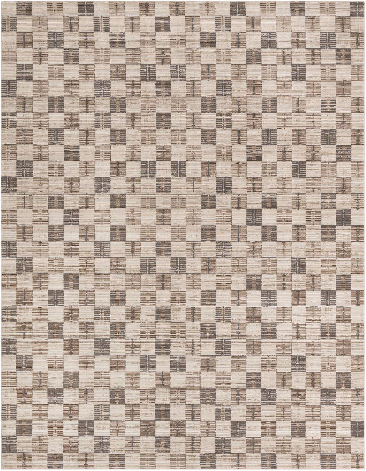 A rectangular 8x10 flatweave rug featuring a checkerboard pattern in varying shades of brown, tan, and off-white.