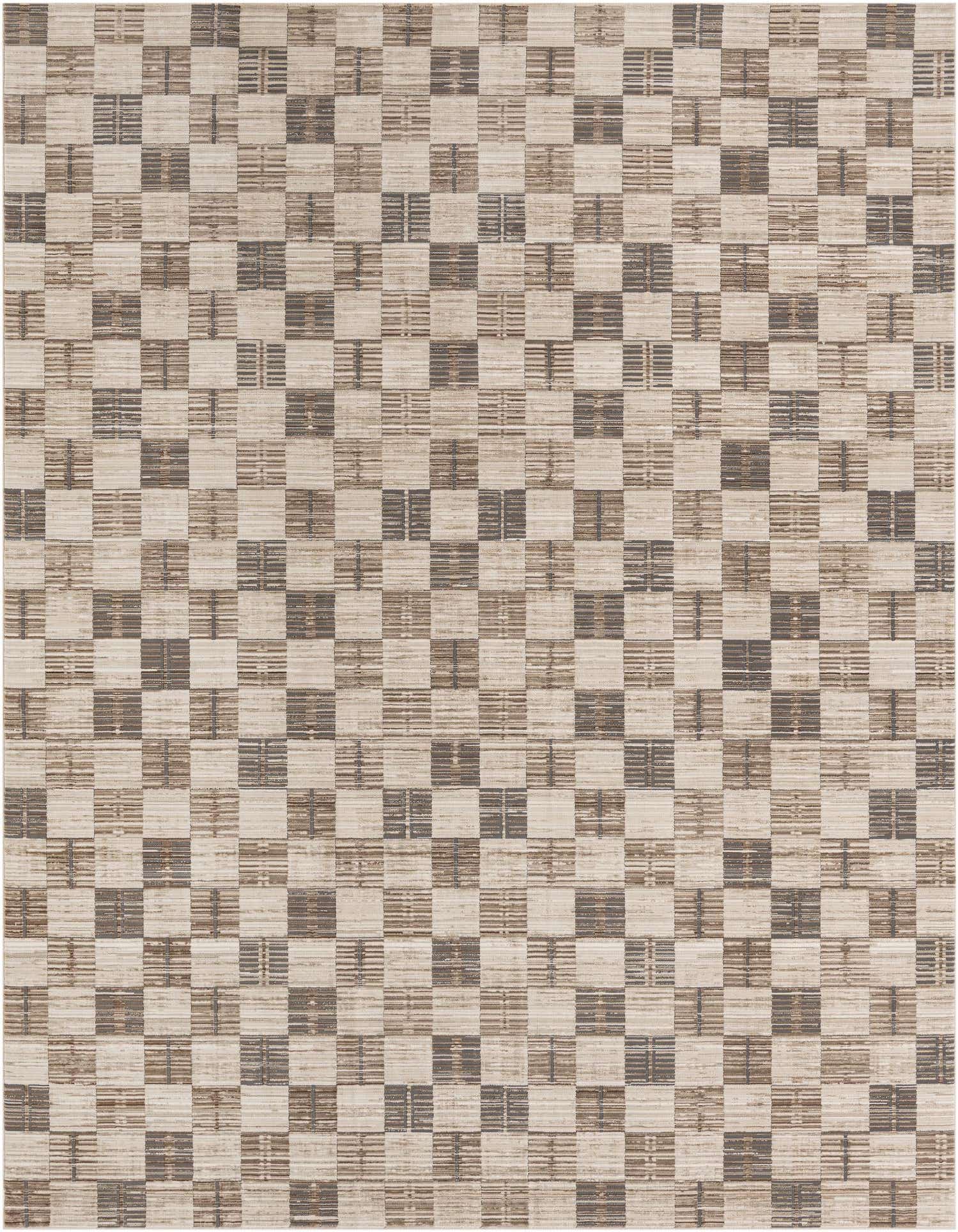 A 9x12 rectangular area rug featuring a checkerboard pattern in varying shades of brown, tan, and off-white.