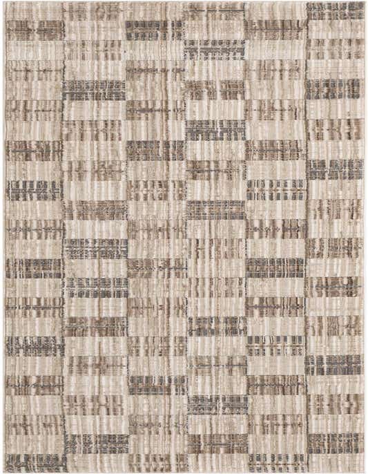A long 8 ft runner rug in shades of brown and tan, featuring a textured, abstract block pattern, ideal for hallways.
