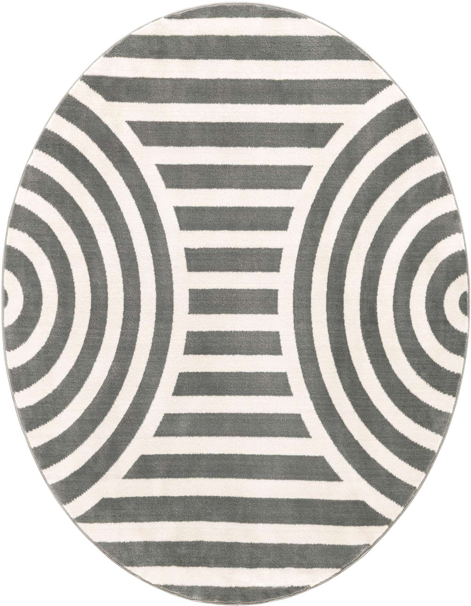 A 4' round gray and white modern rug with a bold geometric stripe and concentric circle pattern.
