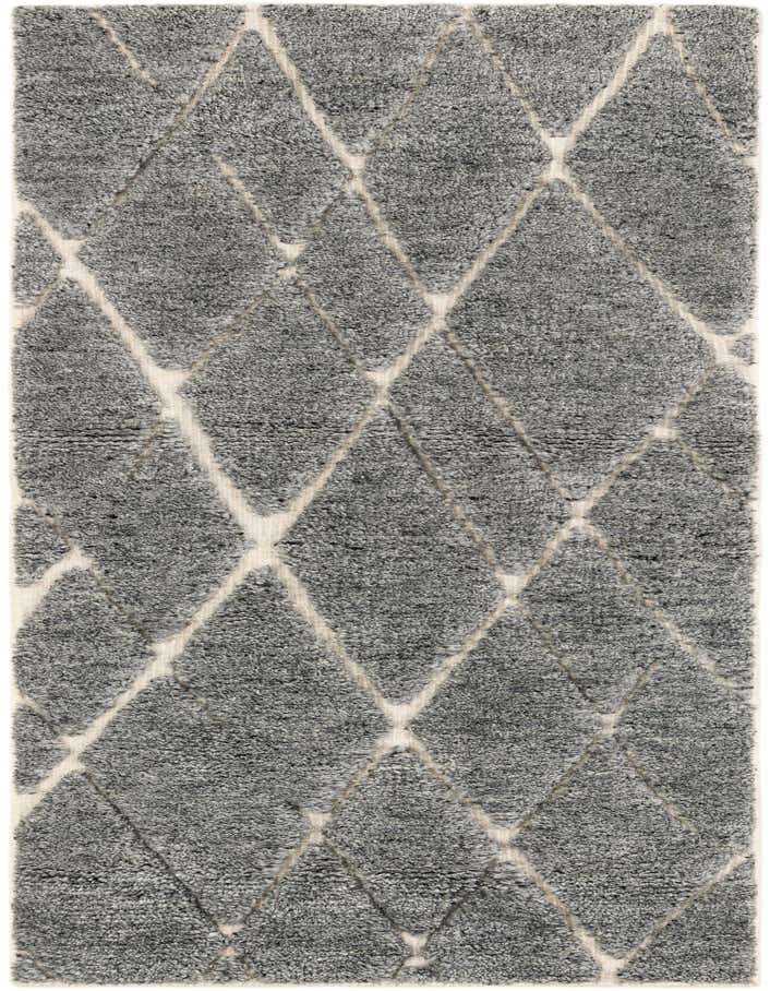 A 6 ft runner rug featuring a gray textured pile with a modern tribal diamond pattern in off-white.