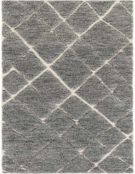 A gray 8 ft runner rug with a textured medium pile and a modern tribal diamond pattern in off-white.