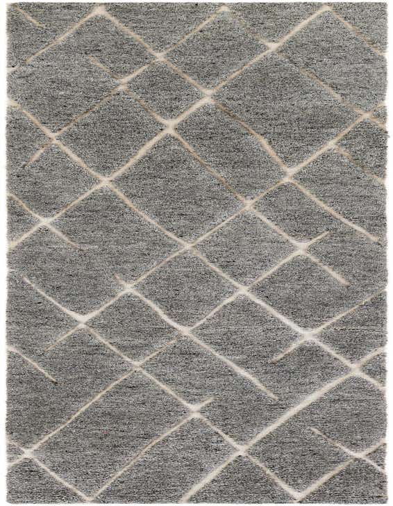 A gray 10 ft runner rug with a cream tribal diamond pattern, made of New Zealand wool, suitable for hallways.