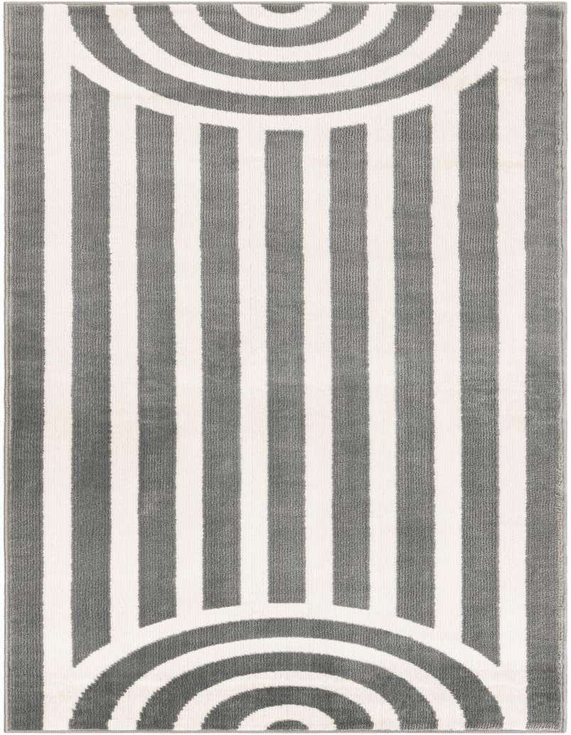 A 5 ft runner rug in gray and white, featuring a modern stripe pattern with concentric arches at each end.