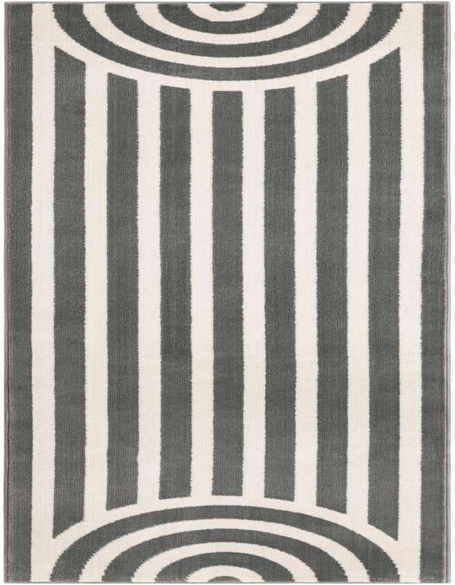 A 6 ft runner rug featuring a modern gray and white stripe pattern with a semi-circle design at each end, ideal for a hallway.