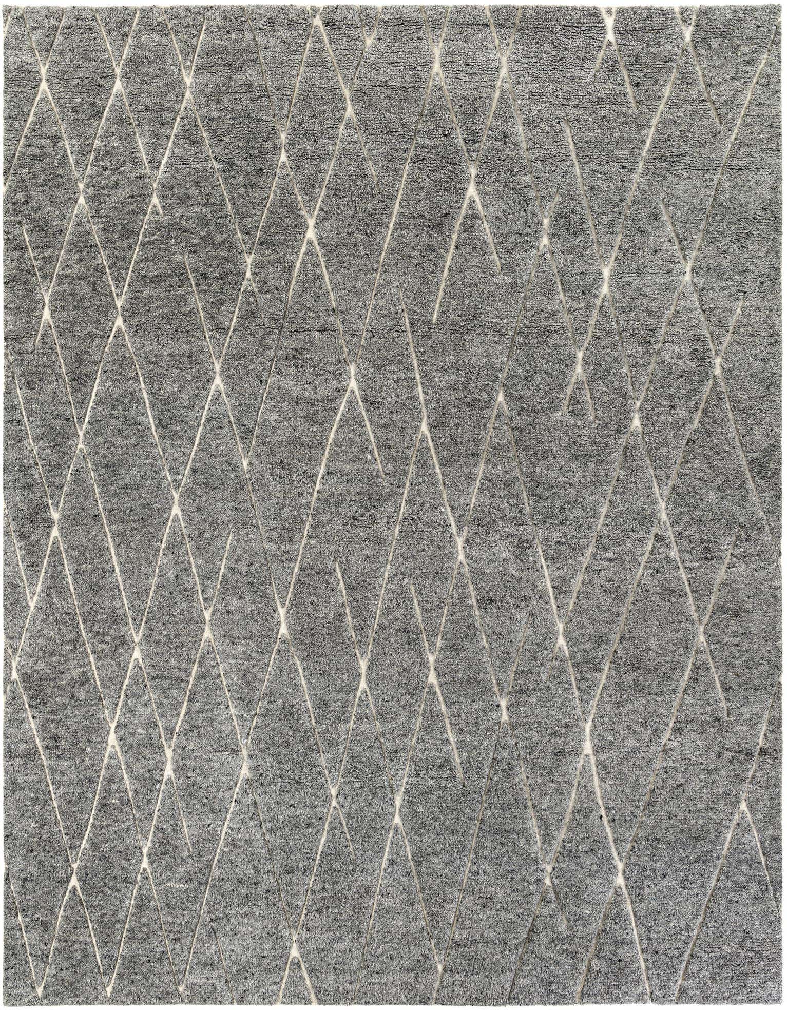 A square 10'x10' gray area rug with a modern tribal diamond pattern in lighter silver tones.