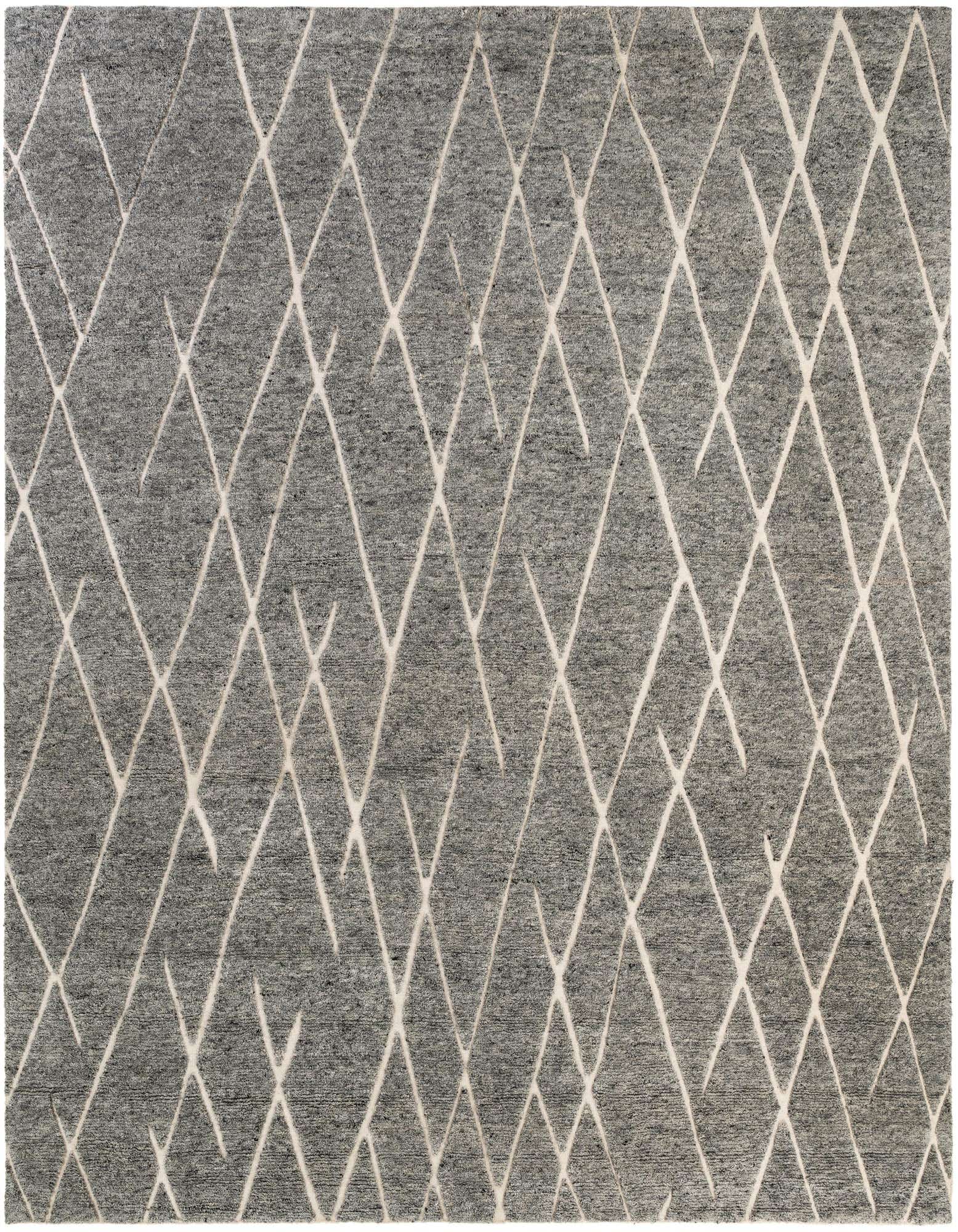 A 12'x12' square gray area rug with a modern tribal pattern of interlocking off-white diamond lines.