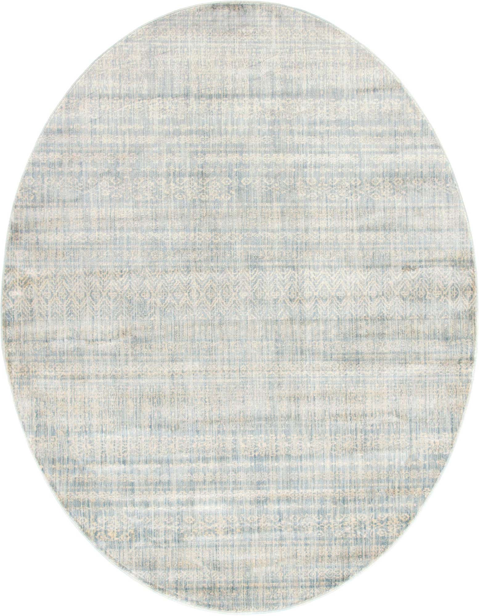 A round 8' light gray and silver bohemian rug with subtle stripe and geometric patterns, suitable for a living room or bedroom.