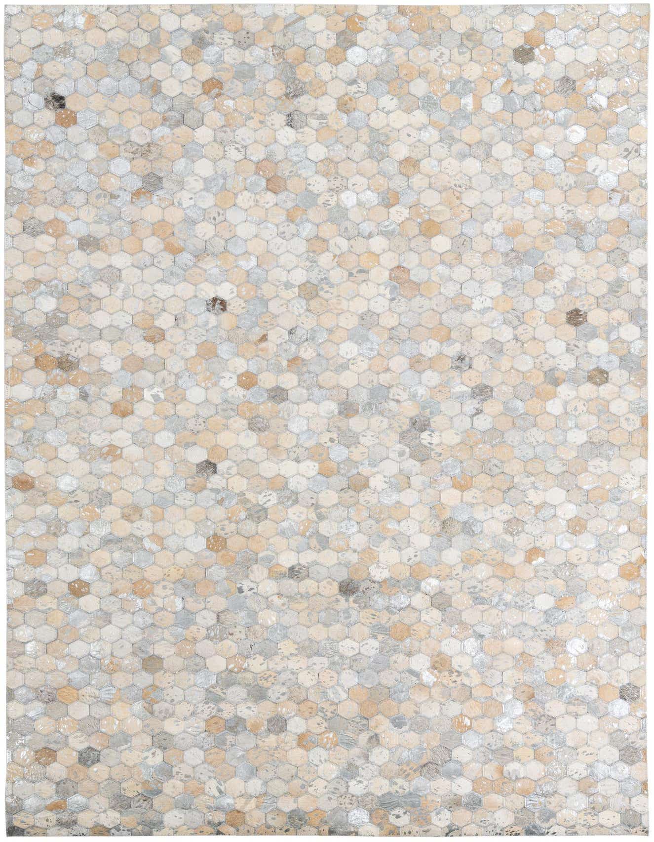 A 5x8 rectangular Cowhide Leather rug featuring a modern, abstract hexagonal pattern in various shades of gray, silver, and beige.