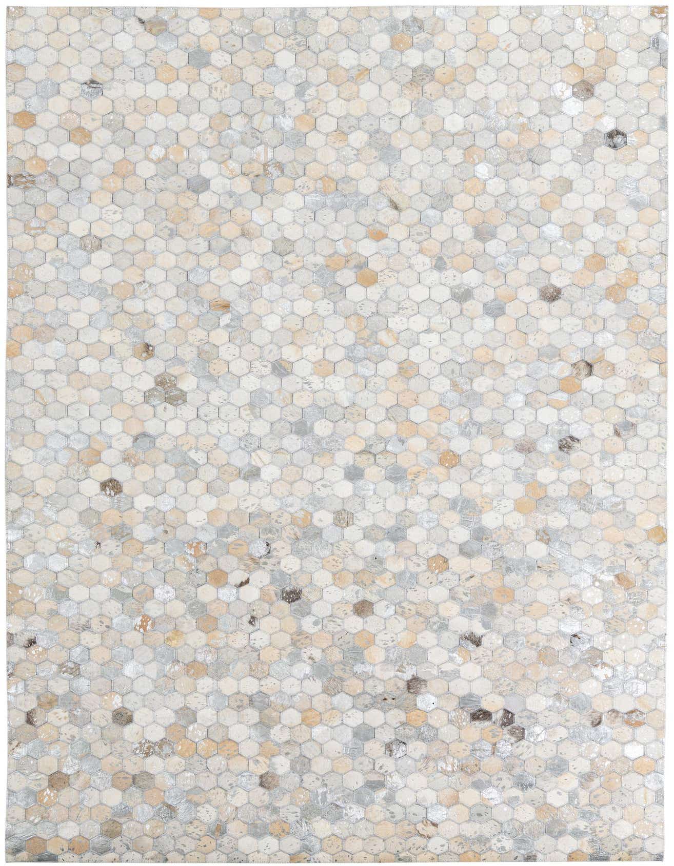 A rectangular 5x8 Cowhide Leather rug featuring a modern, abstract pattern of small hexagonal tiles in varying shades of gray, silver, and beige.