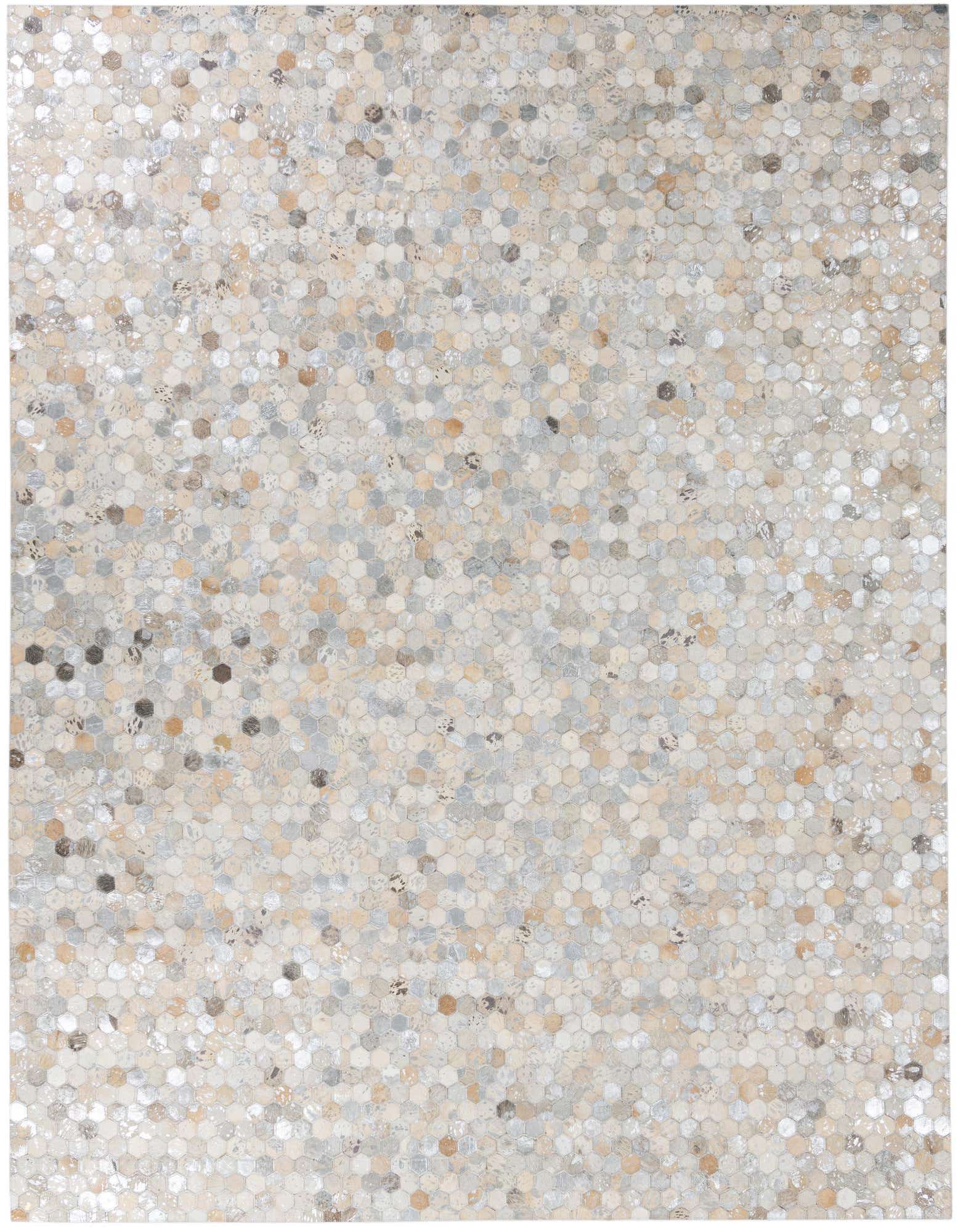 A rectangular 8x10 Cowhide Leather rug featuring a modern, abstract pattern of small hexagonal tiles in varying shades of gray, silver, and beige.