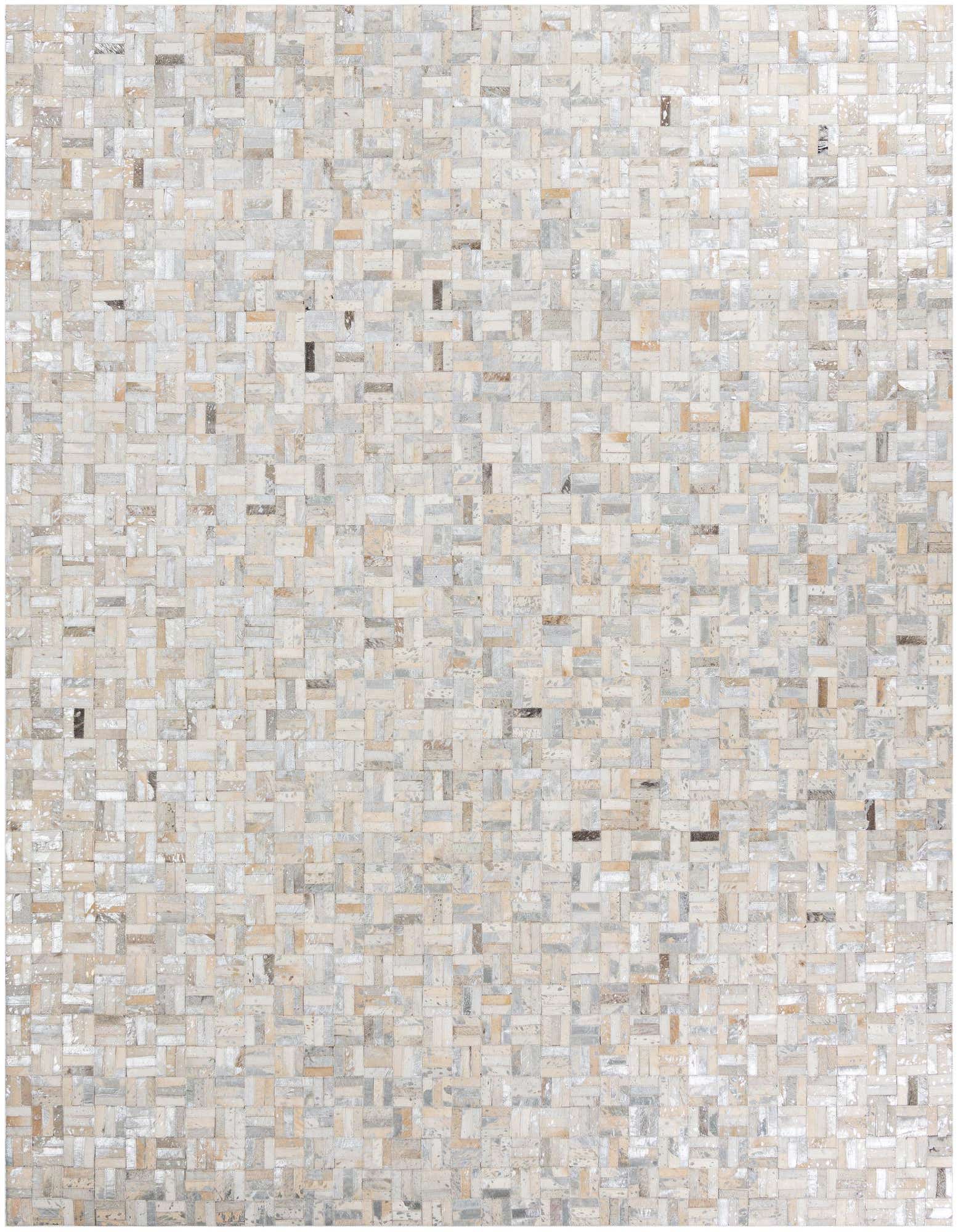 A rectangular 8x10 Cowhide Leather rug featuring a modern stripe pattern in various shades of gray and silver.