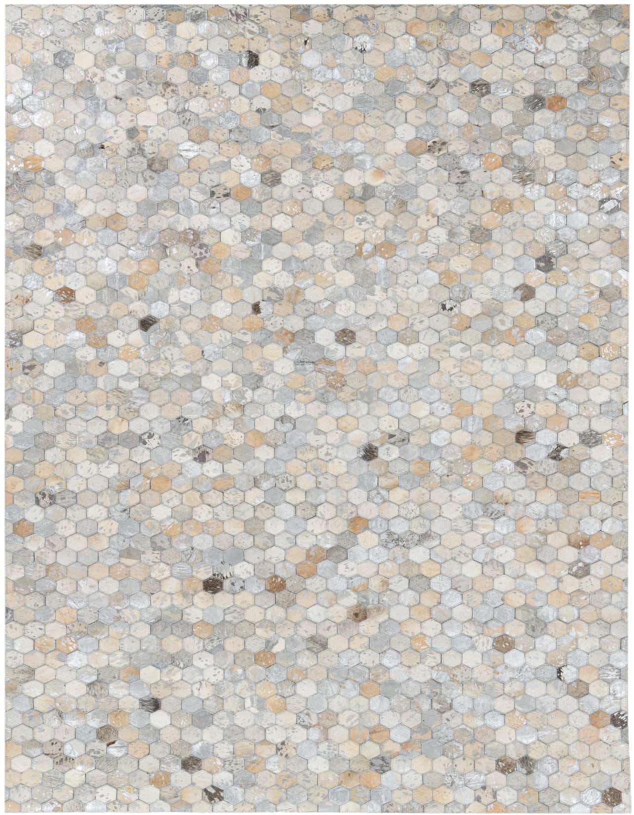 A 5x8 rectangular Cowhide Leather rug featuring a modern abstract pattern of small hexagonal tiles in varying shades of gray, silver, beige, and brown.