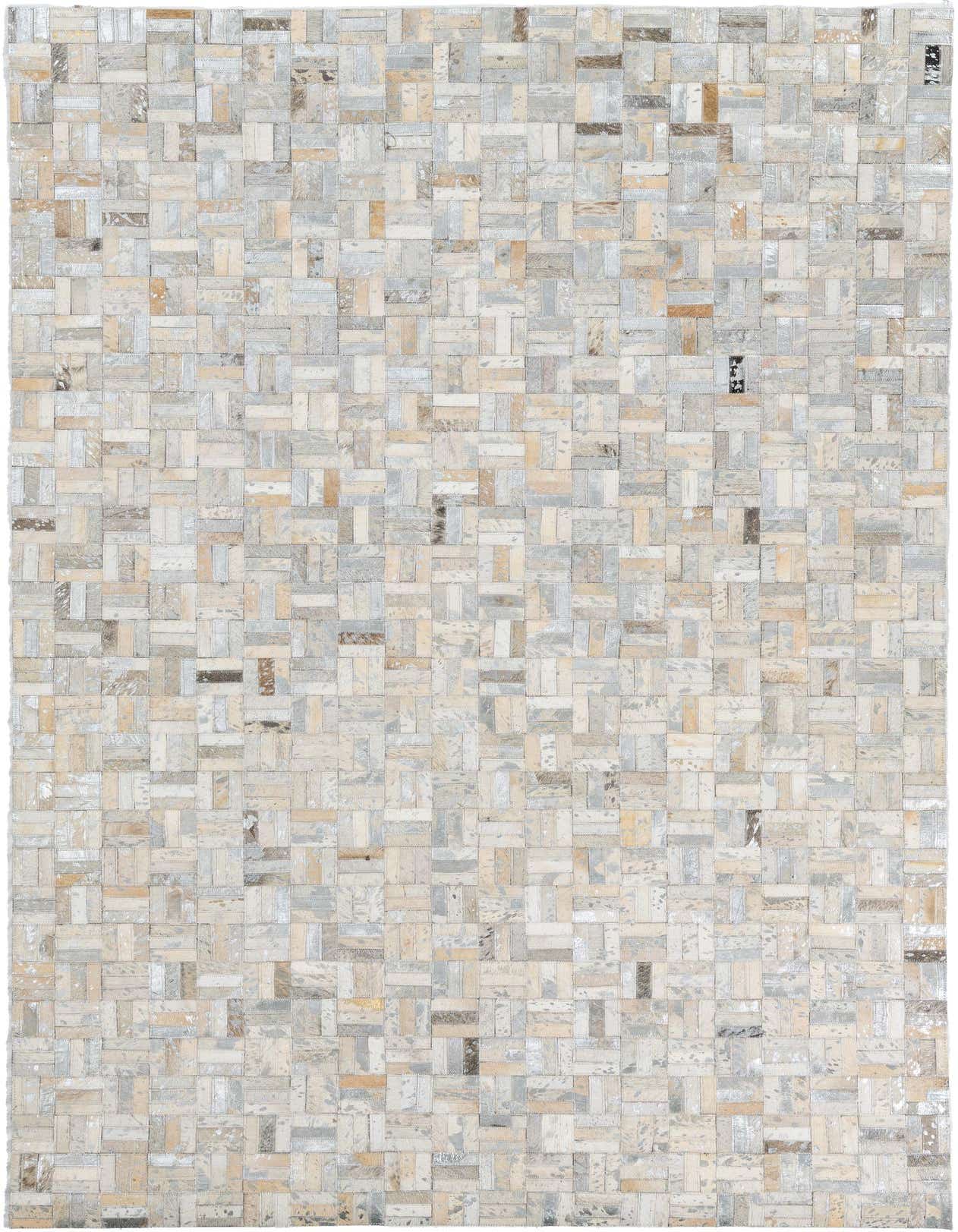A 5x8 rectangular Cowhide Leather rug featuring a modern patchwork of gray, silver, and tan cowhide pieces.