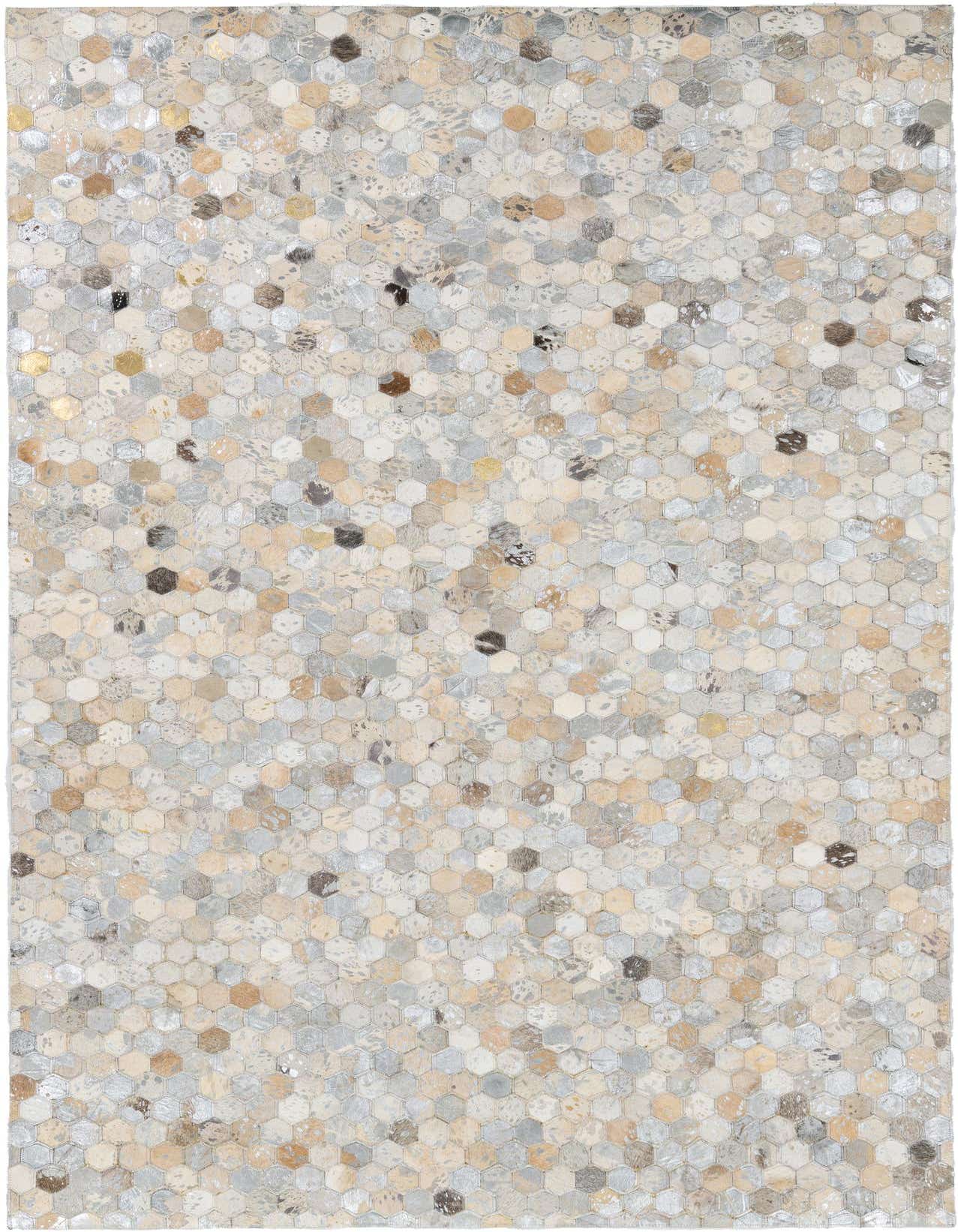A 5x8 rectangular modern rug made from hexagonal cowhide and leather patches in varying shades of gray, silver, and beige.