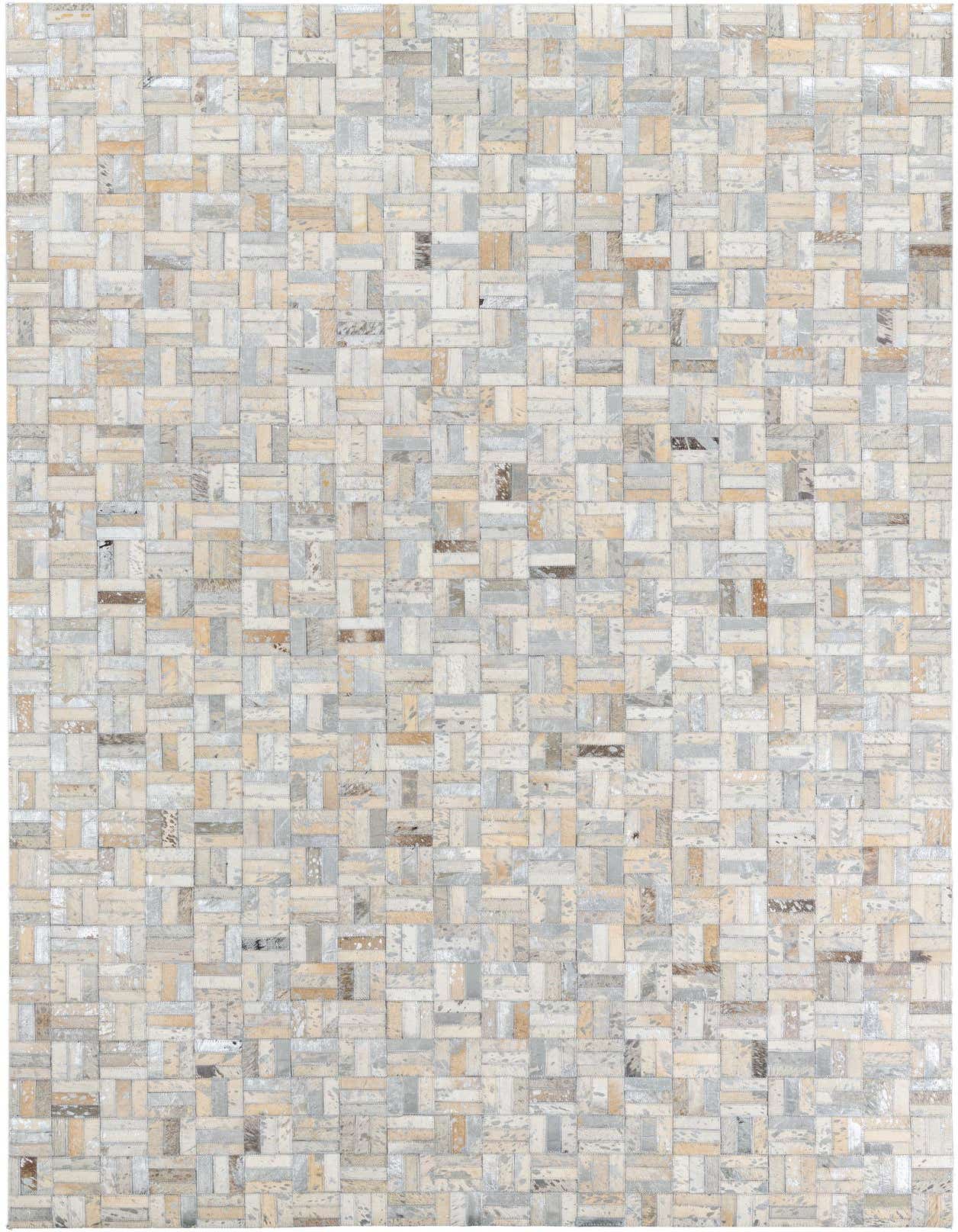 A 5x8 rectangular Cowhide Leather rug featuring a modern stripe pattern in various shades of gray, silver, and cream.