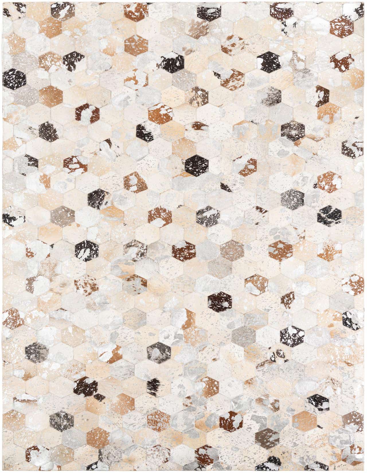 A 5x8 rectangular Cowhide Leather rug featuring a modern hexagonal patchwork pattern in various shades of gray, silver, brown, and cream.