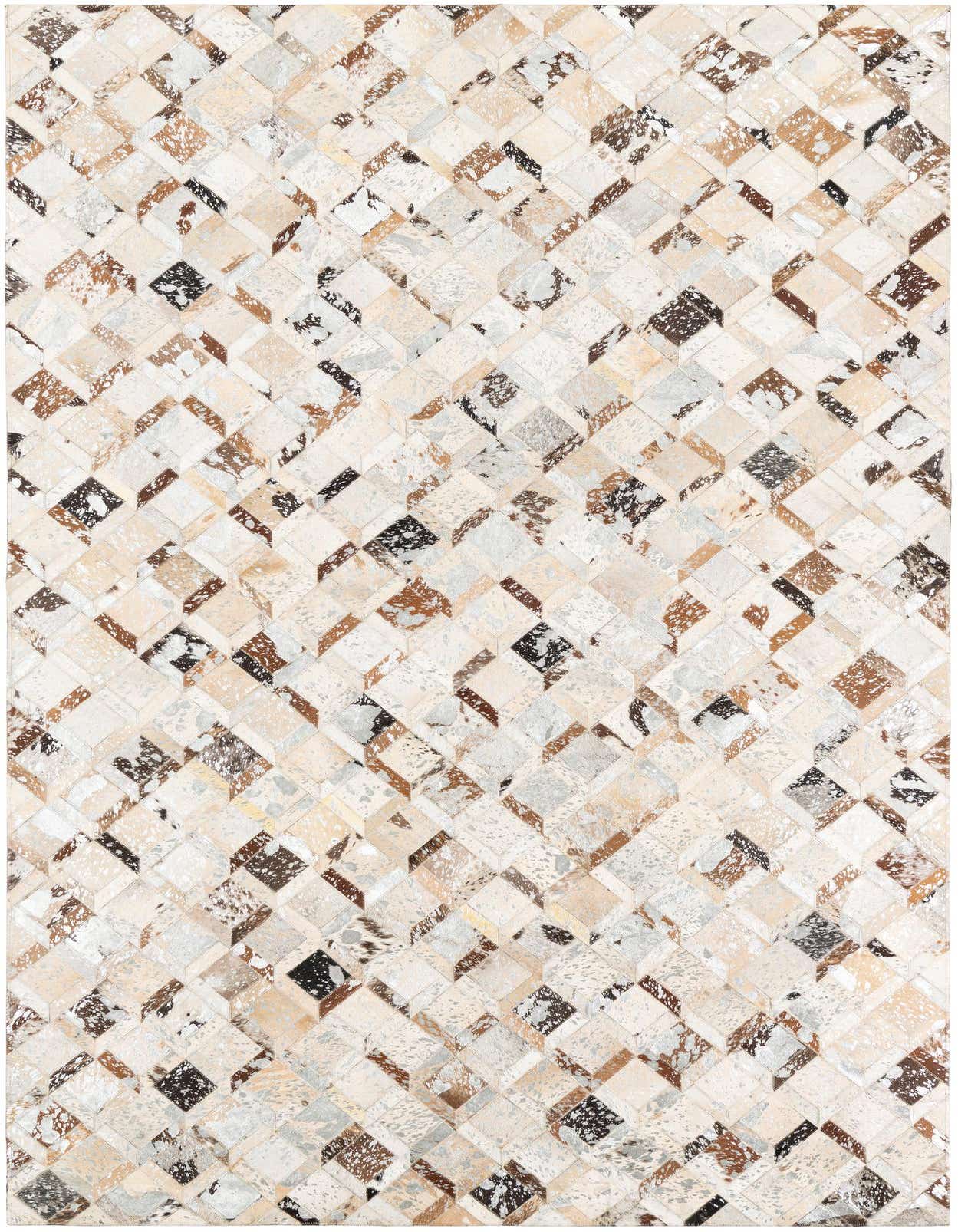 A 5x8 rectangular Cowhide Leather rug featuring a modern patchwork of gray, silver, brown, and cream diamond-shaped cowhide pieces.