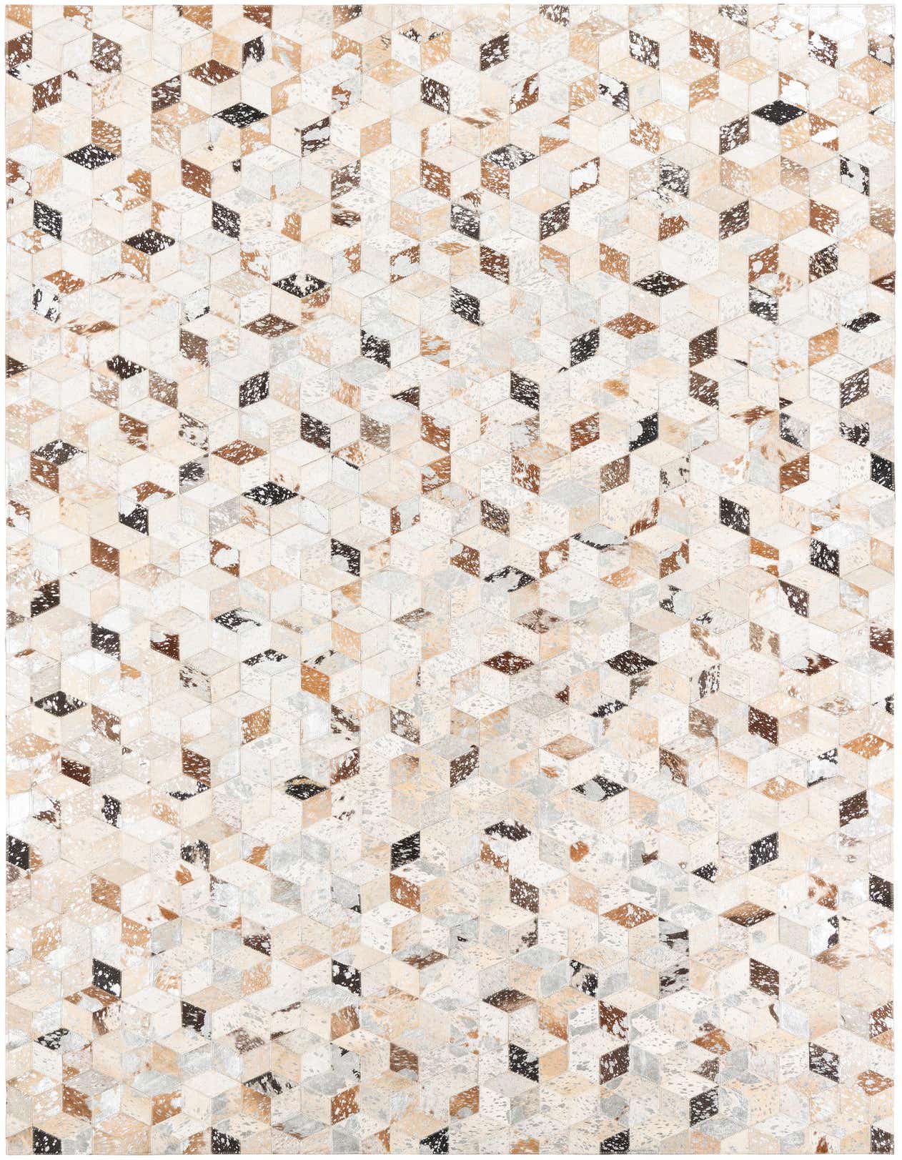 A rectangular 5x8 modern cowhide rug with a geometric cube pattern in shades of gray, silver, brown, and white.