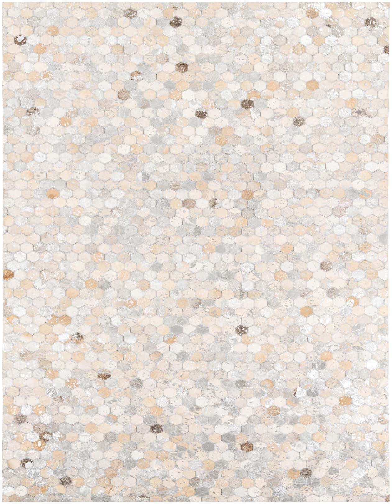 A 5x8 rectangular Cowhide Leather rug featuring a modern hexagonal mosaic pattern in varying shades of gray, silver, beige, and brown.