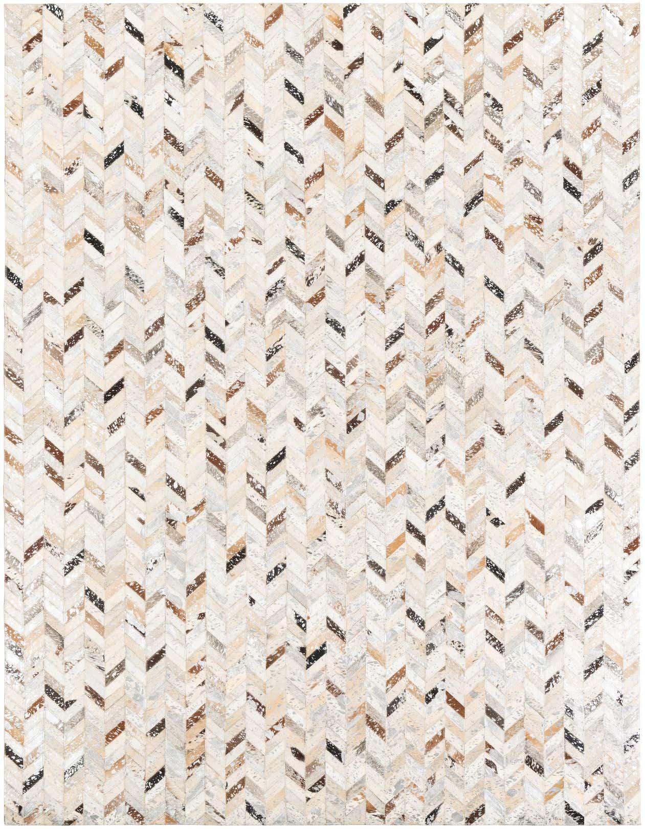 A 5x8 rectangular Cowhide & Leather rug featuring a modern chevron pattern in shades of gray, silver, and natural brown.