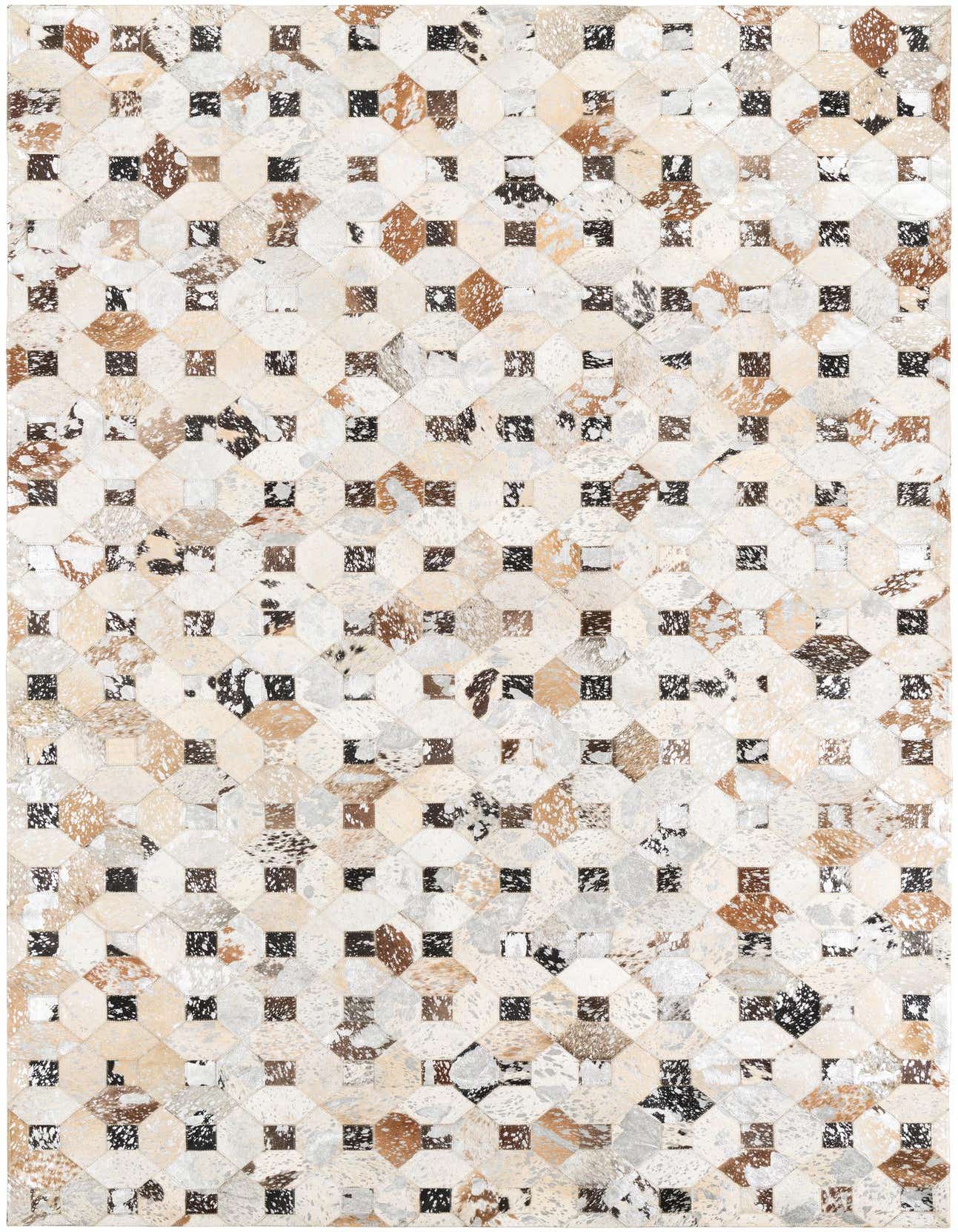 A rectangular 5x8 Cowhide & Leather rug with a geometric pattern of gray, silver, brown, and black patches.