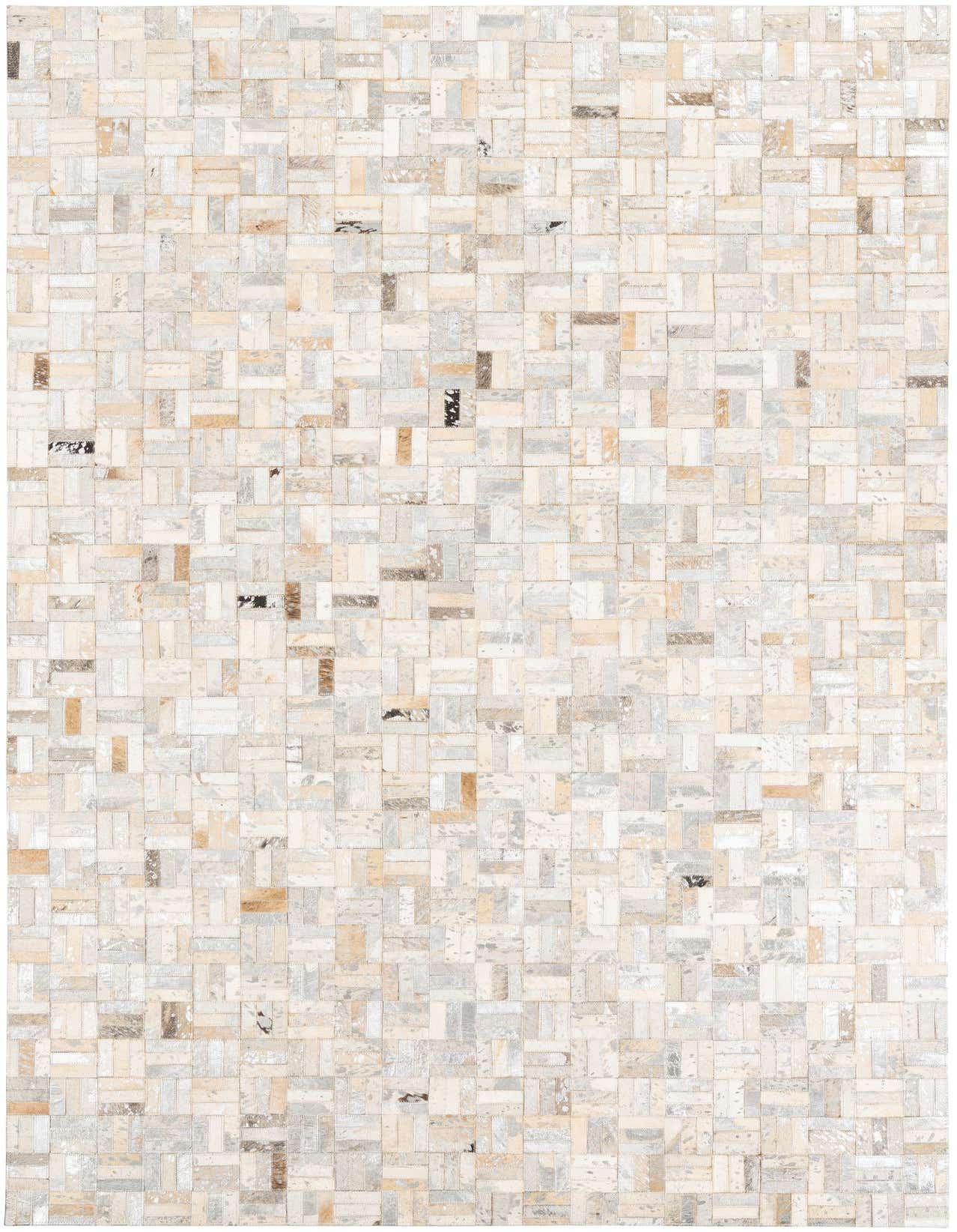 A 5x8 rectangular Cowhide Leather rug featuring a modern stripe pattern in various shades of gray, silver, and cream, suitable for a living room.