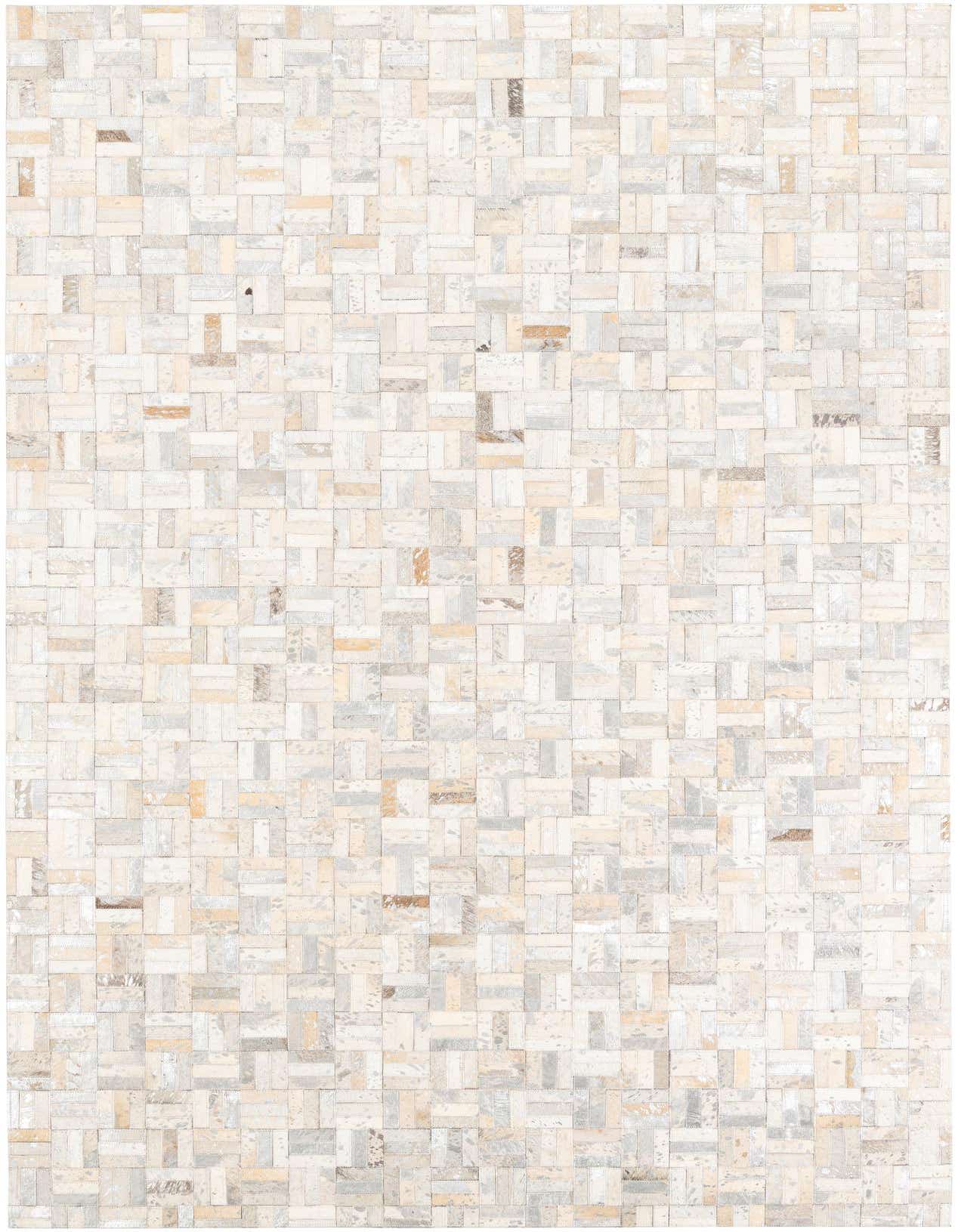 A 5x8 rectangular Cowhide & Leather rug featuring a modern striped pattern in various shades of grays, silvers, and natural hide tones.