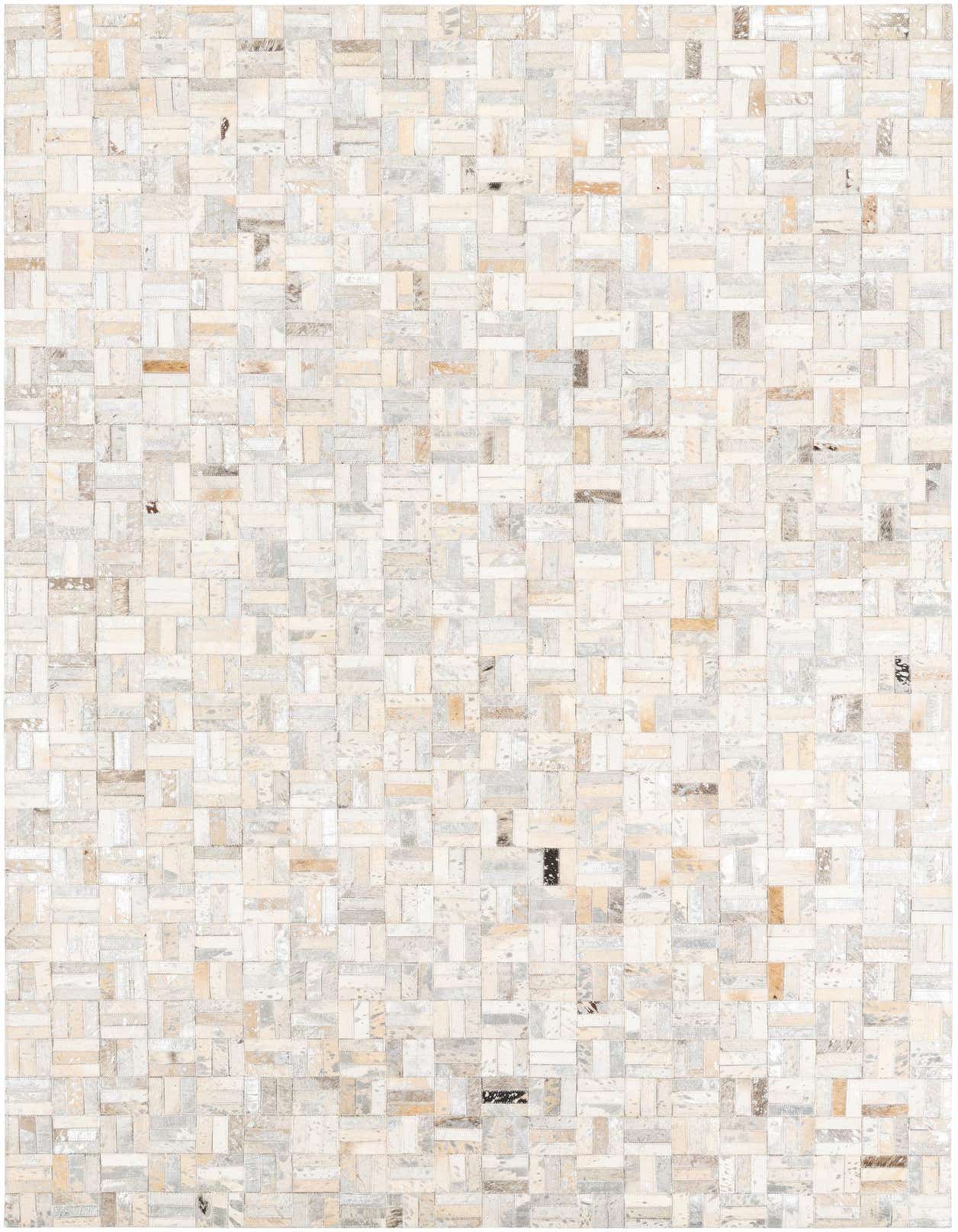 A 5x8 rectangular Cowhide Leather rug featuring a modern striped pattern in various shades of gray and silver.