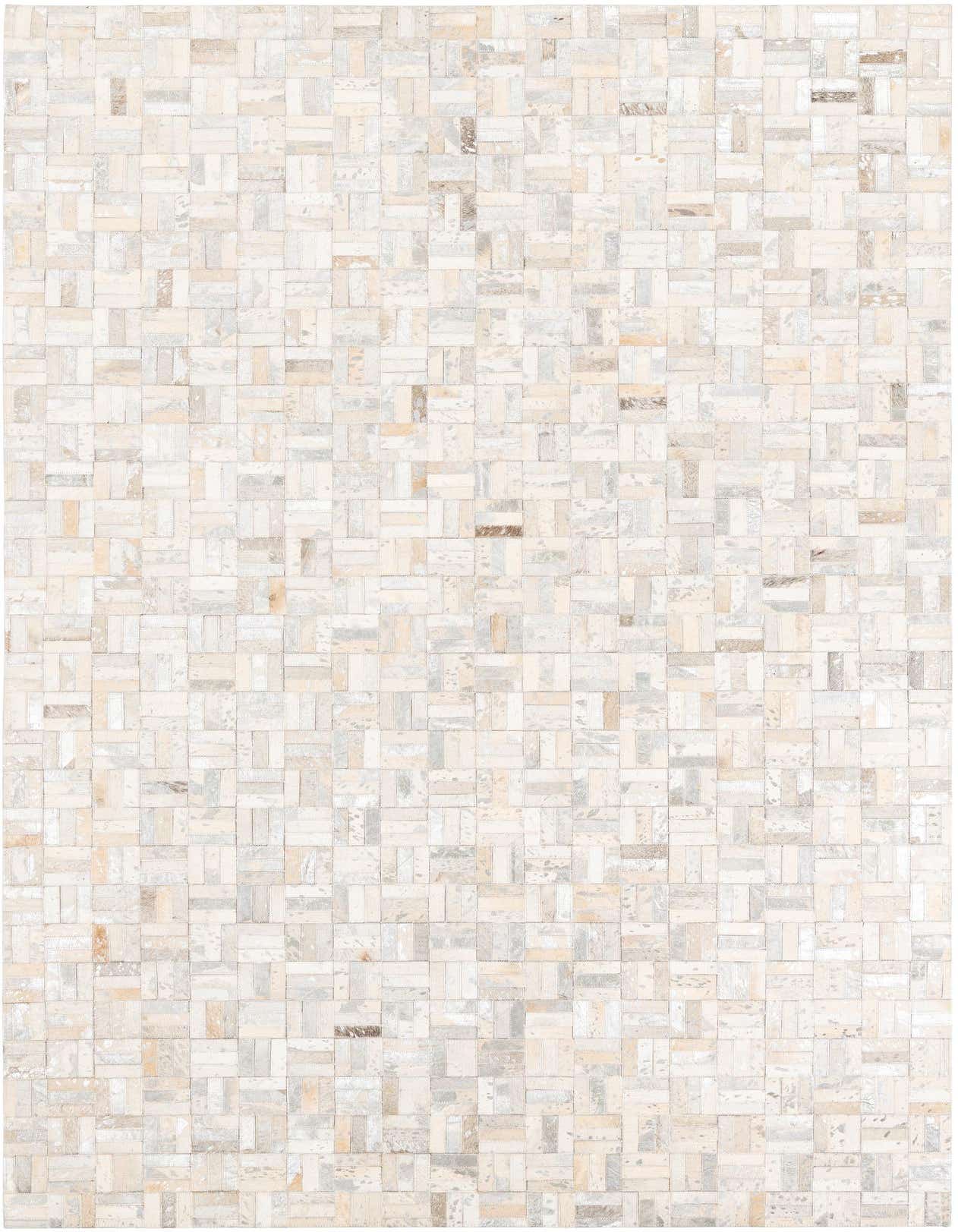 A 5x8 rectangular Cowhide Leather rug featuring a modern striped pattern in various shades of gray and silver.