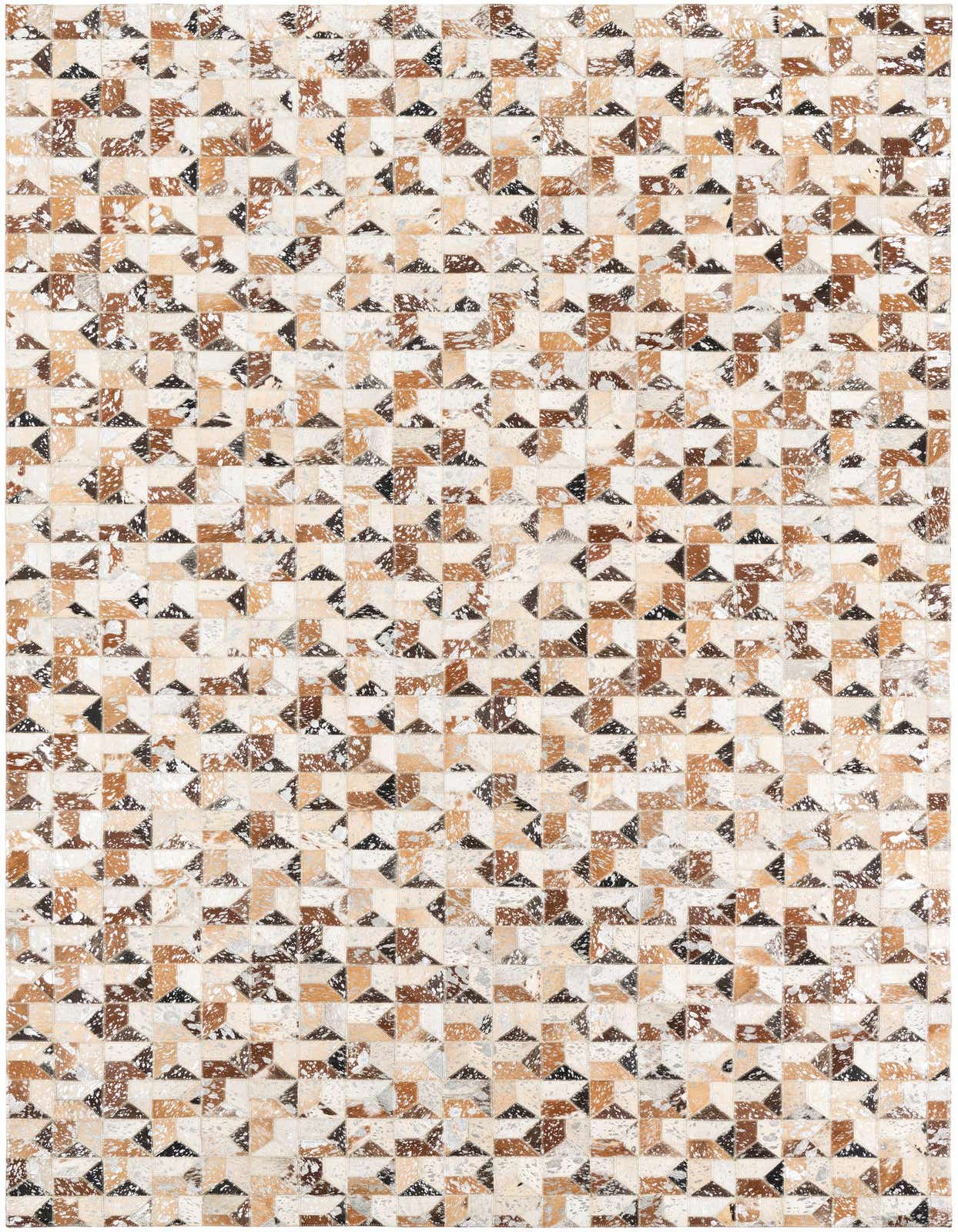 A 5x8 rectangular Cowhide Leather rug featuring a modern geometric pattern of gray, silver, and brown patchwork.