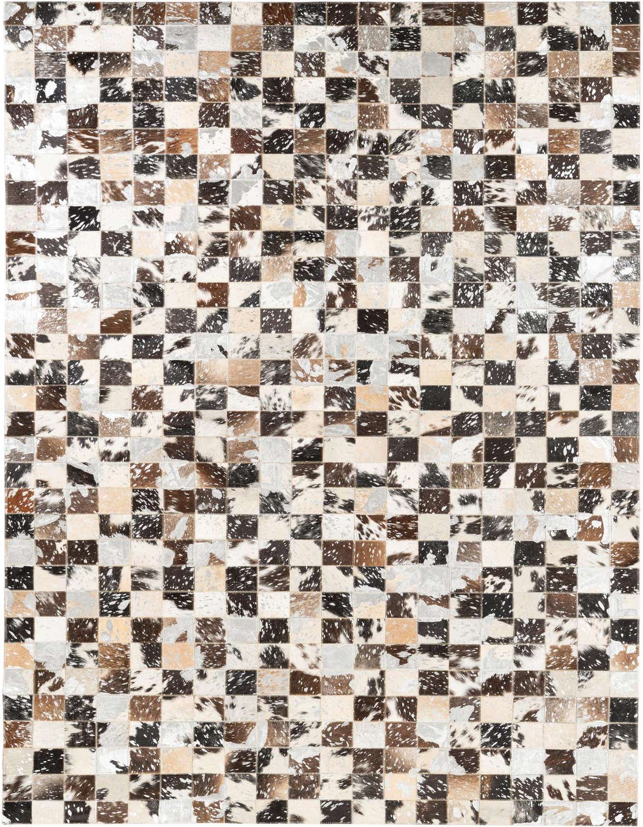 A 5x8 rectangular Cowhide & Leather rug with a modern, abstract patchwork pattern in shades of gray, silver, brown, and white.