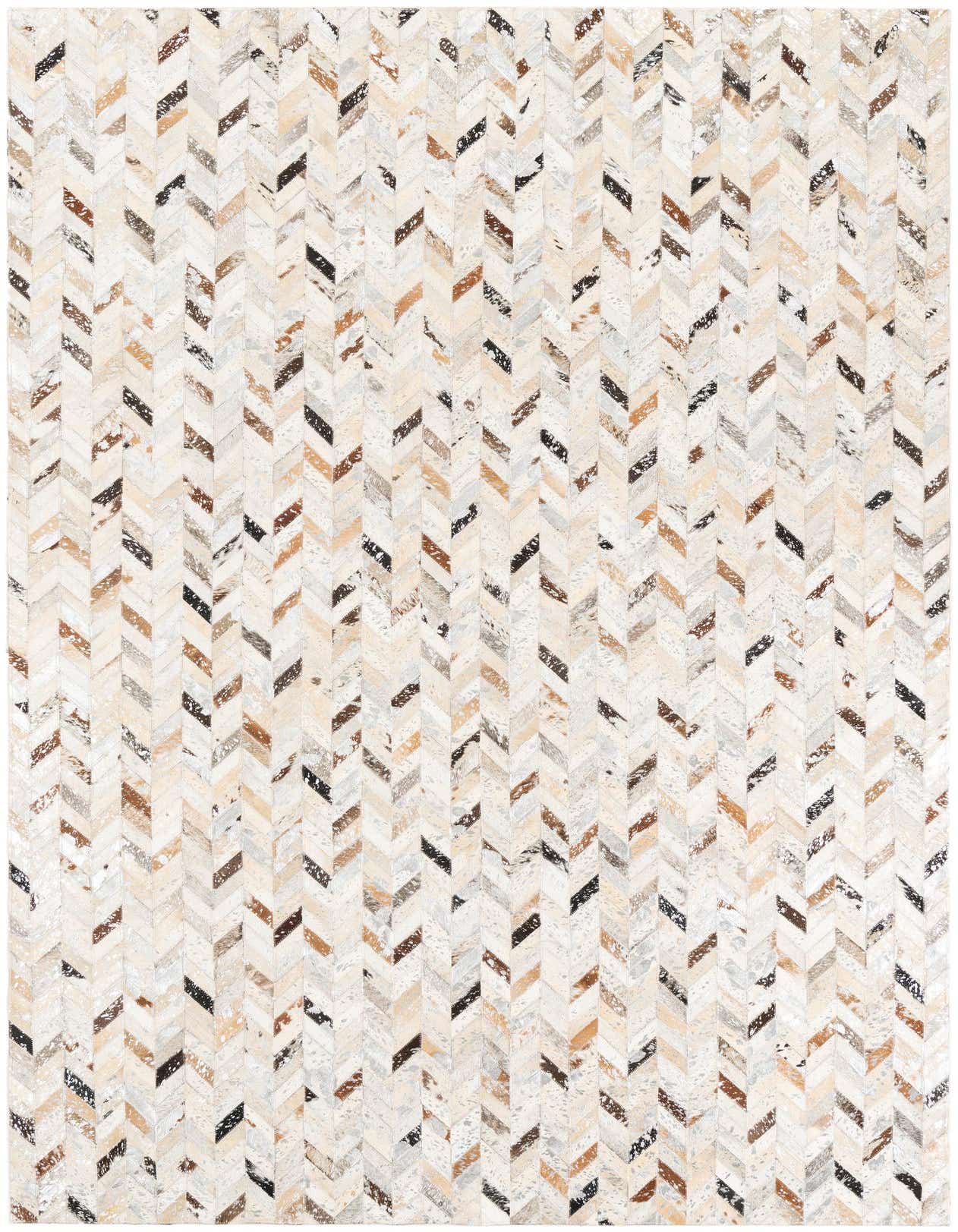 A 5x8 rectangular Cowhide Leather rug featuring a modern chevron pattern in shades of gray, silver, brown, and black.
